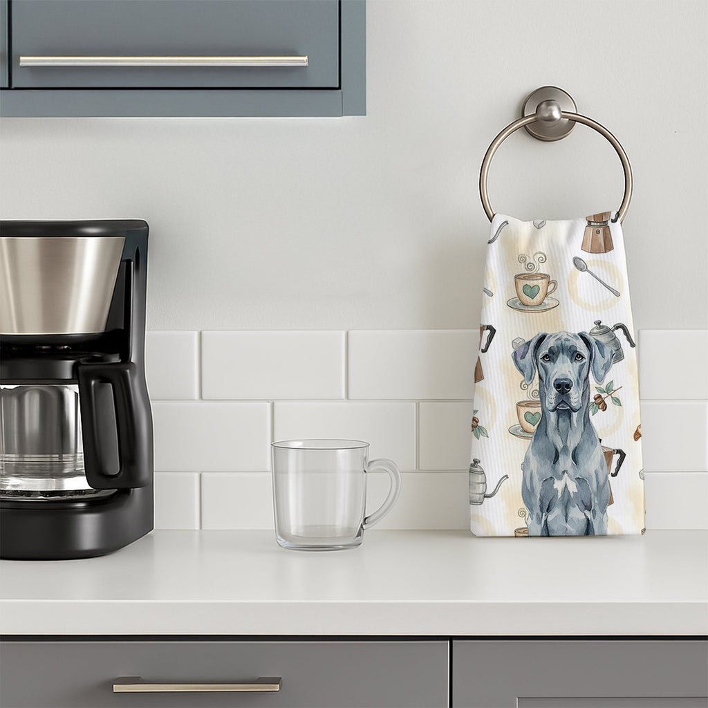 Blue Great Dane Coffee Bar Kitchen Towel Velour Plush Front and Cotton Loop Back Machine Washable