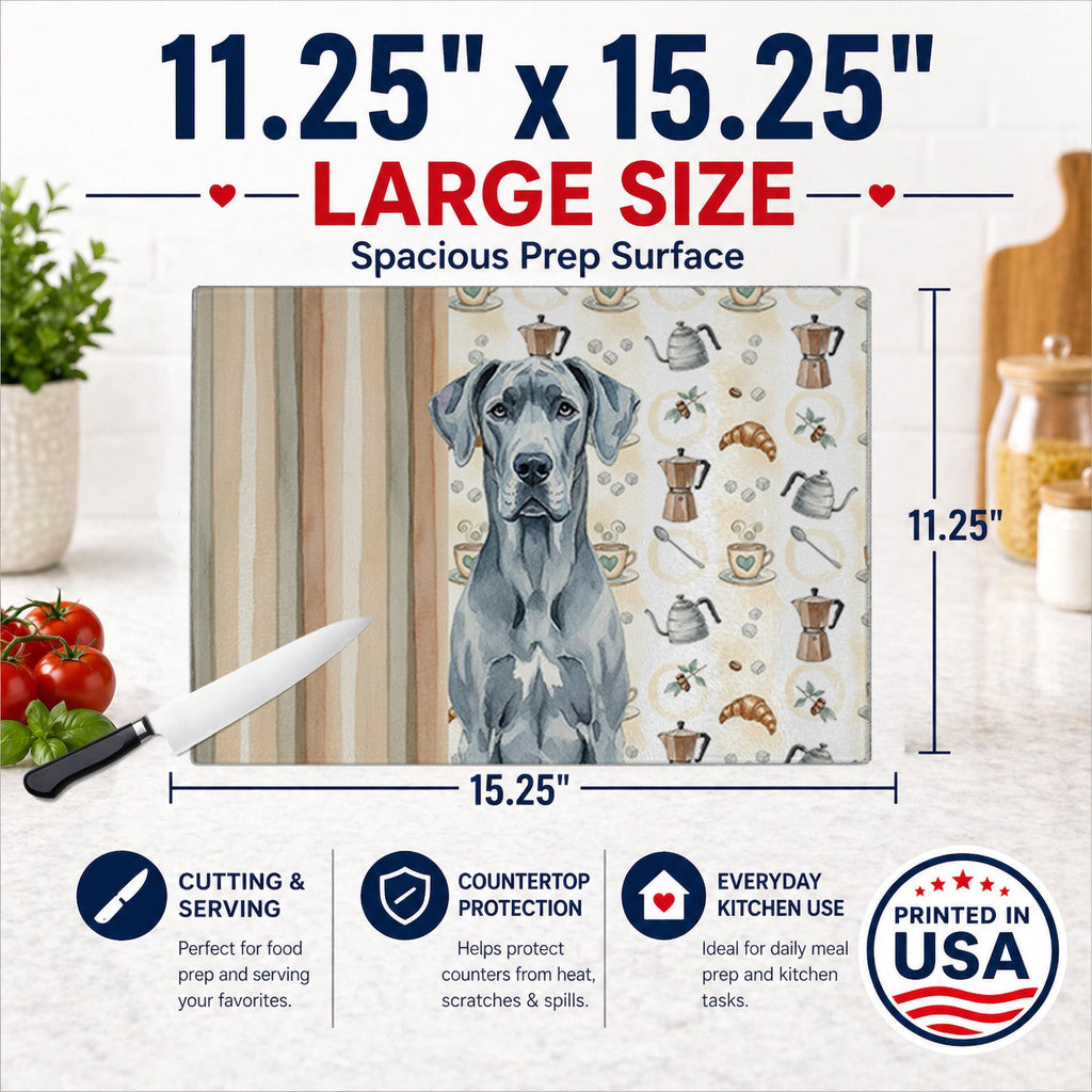 Blue Great Dane Coffee Bar Cutting Board Tempered Glass Kitchen Cutting Surface, Heat Resistant Chopping, Non-Slip Feet, Food Prep & Serving