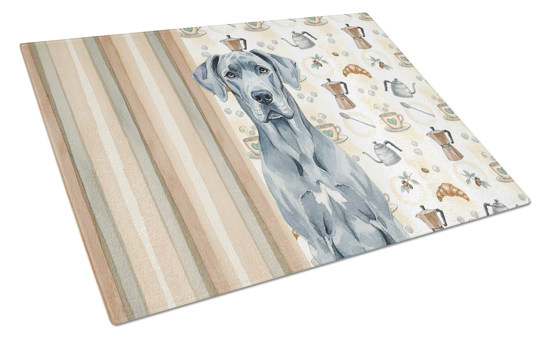 Blue Great Dane Coffee Bar Cutting Board Tempered Glass Kitchen Cutting Surface, Heat Resistant Chopping, Non-Slip Feet, Food Prep & Serving