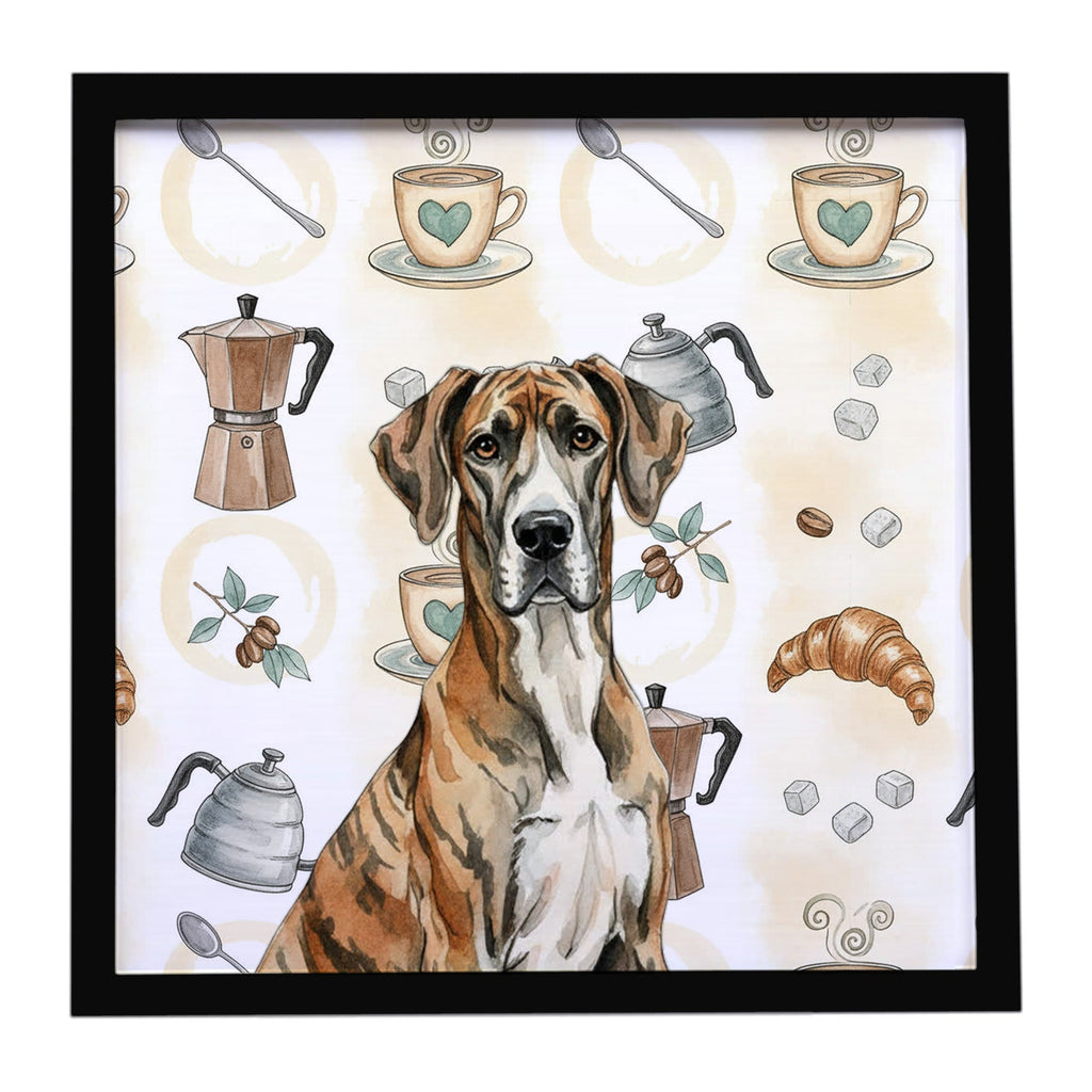 Brindle Great Dane Coffee Bar Framed Metal Print Bathroom, Kitchen, Office, Home Decor Wall Art Ready to Hang, Square, 8X8
