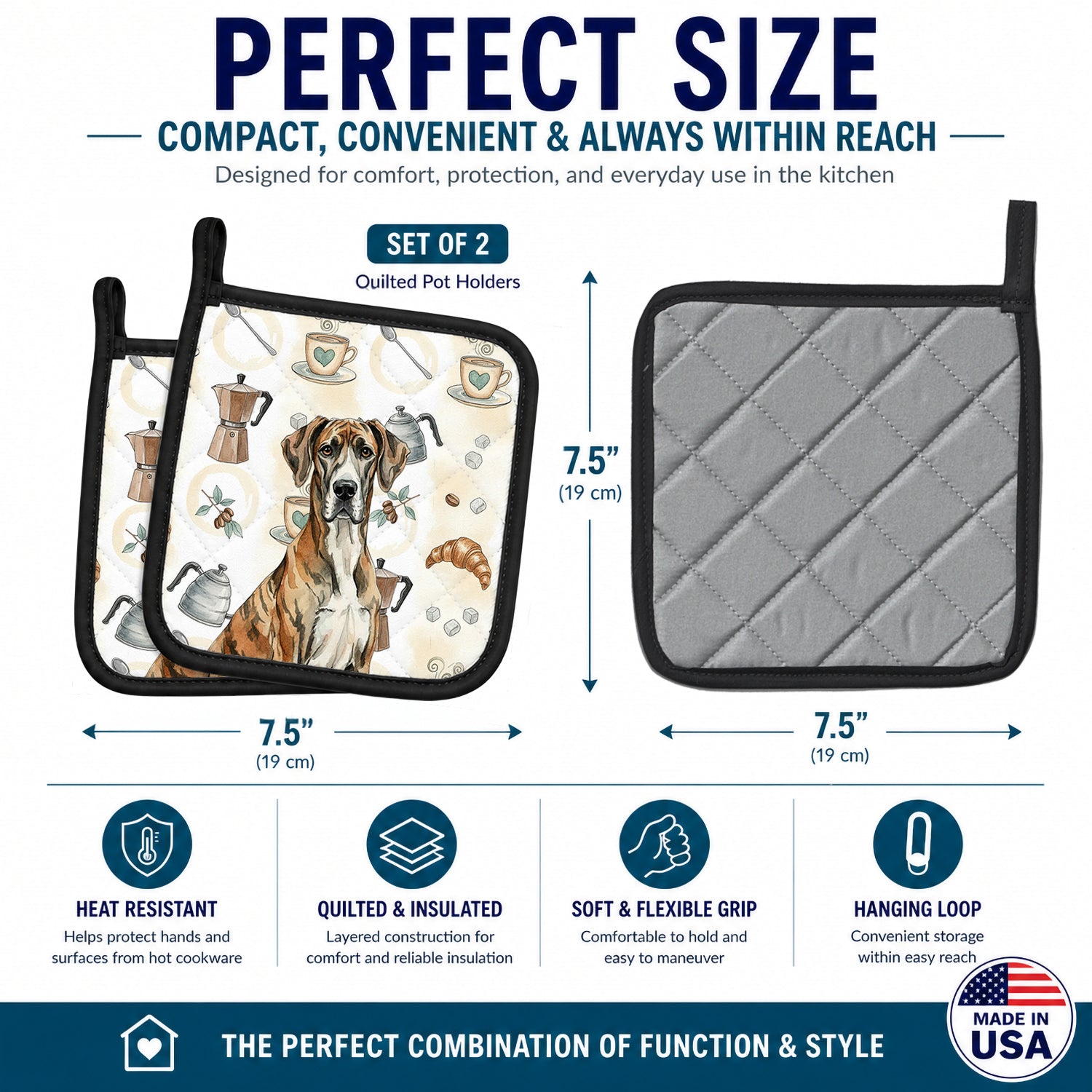 Brindle Great Dane Coffee Bar Pot Holder Set of 2 Heat Resistant Quilted Hot Pads 7.5 x 7.5 Inch, Insulated Kitchen Trivets for Cooking & Baking