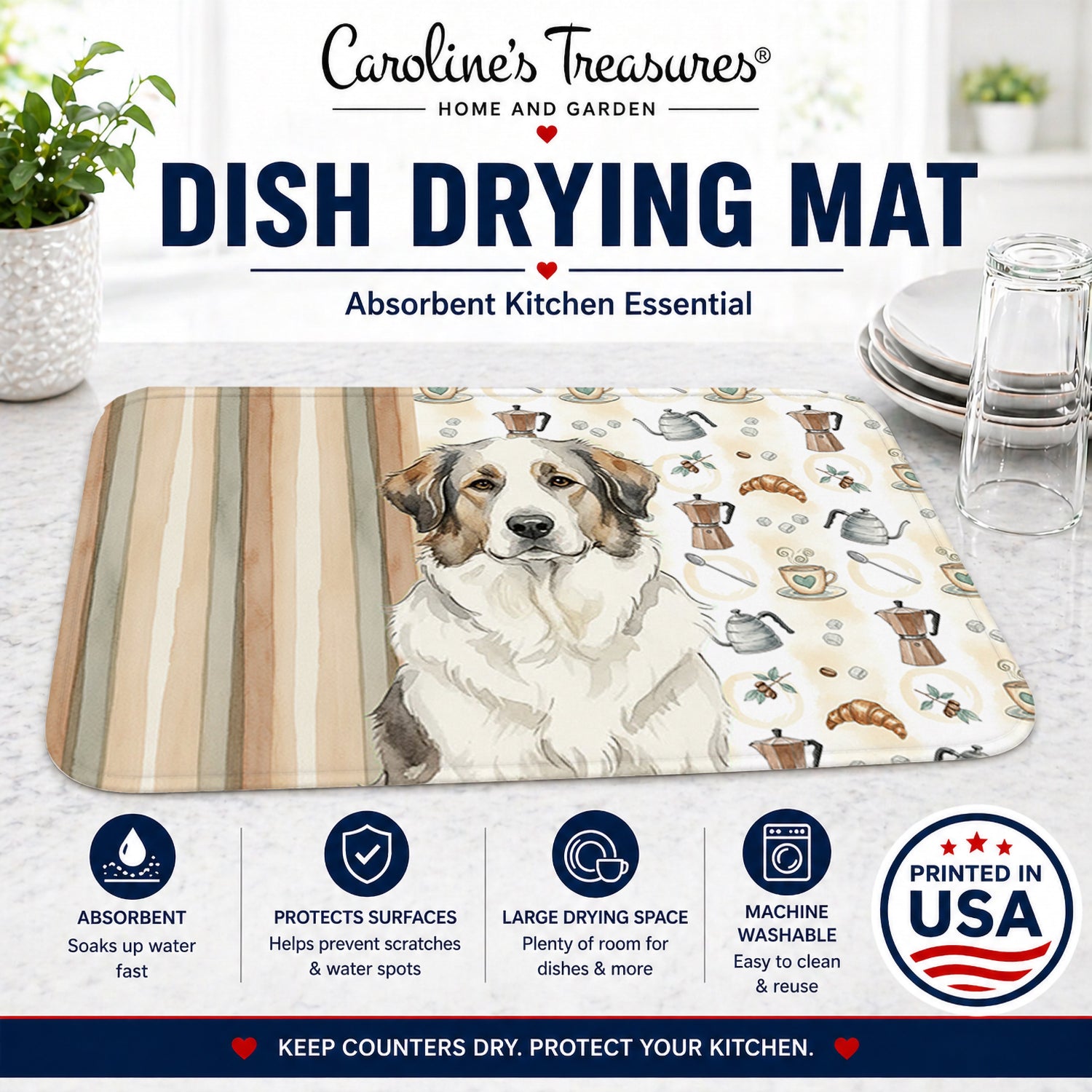 Badger Great Pyrenees Coffee Bar Dish Drying Mat Absorbent Dish Drying Mat Pad for Kitchen Counter Dish Drainer Mat for Countertop, 14 x 21", Multicolor