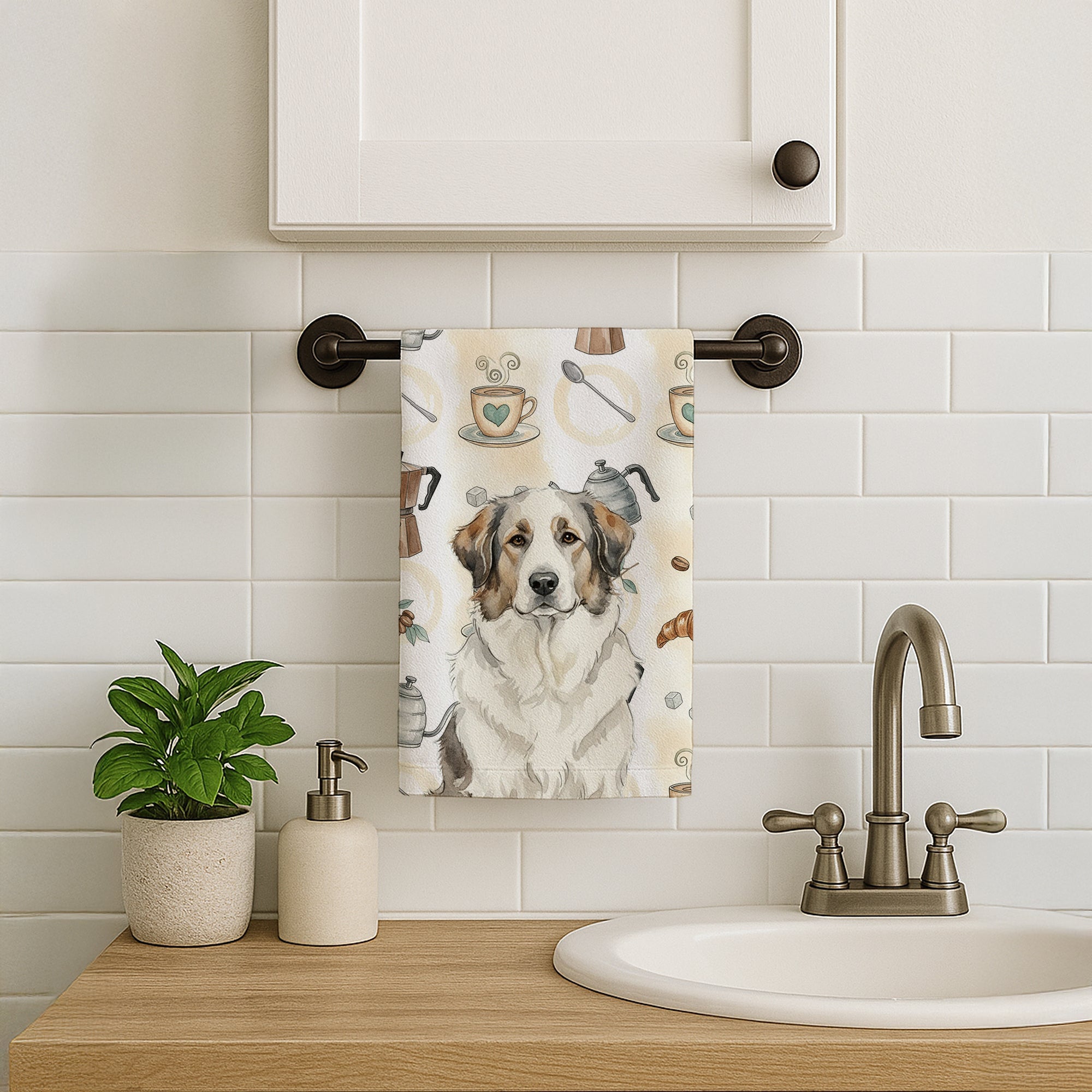 Badger Great Pyrenees Coffee Bar Kitchen Towel Velour Plush Front and Cotton Loop Back Machine Washable