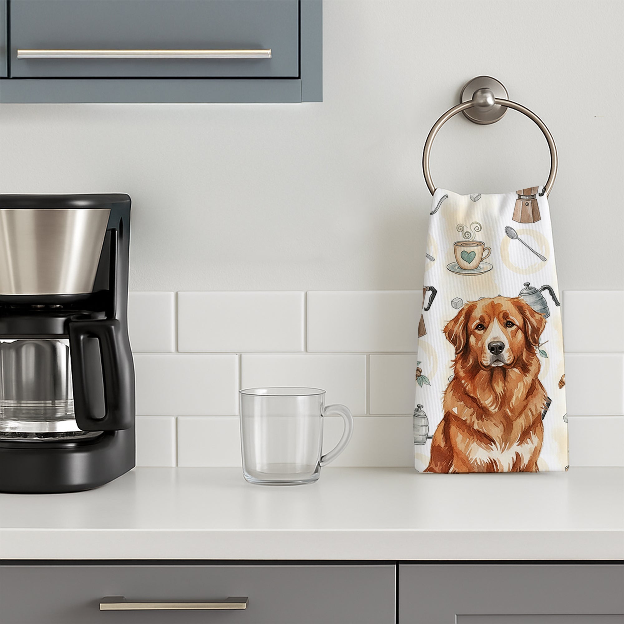 Reddish Brown Great Pyrenees Coffee Bar Kitchen Towel Velour Plush Front and Cotton Loop Back Machine Washable