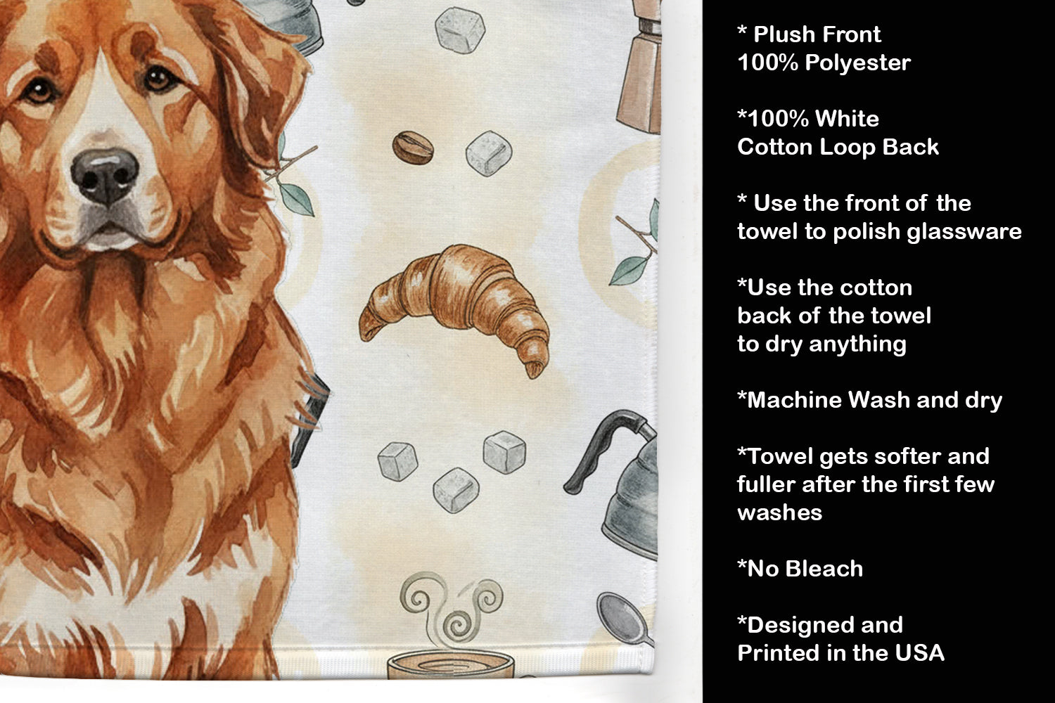 Reddish Brown Great Pyrenees Coffee Bar Kitchen Towel Velour Plush Front and Cotton Loop Back Machine Washable