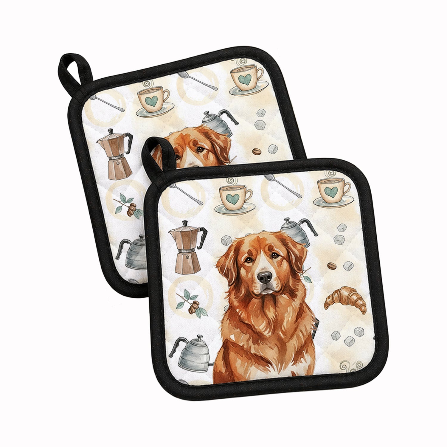 Reddish Brown Great Pyrenees Coffee Bar Pot Holder Set of 2 Heat Resistant Quilted Hot Pads 7.5 x 7.5 Inch, Insulated Kitchen Trivets for Cooking & Baking