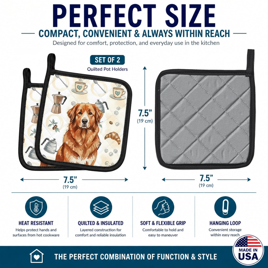 Reddish Brown Great Pyrenees Coffee Bar Pot Holder Set of 2 Heat Resistant Quilted Hot Pads 7.5 x 7.5 Inch, Insulated Kitchen Trivets for Cooking & Baking