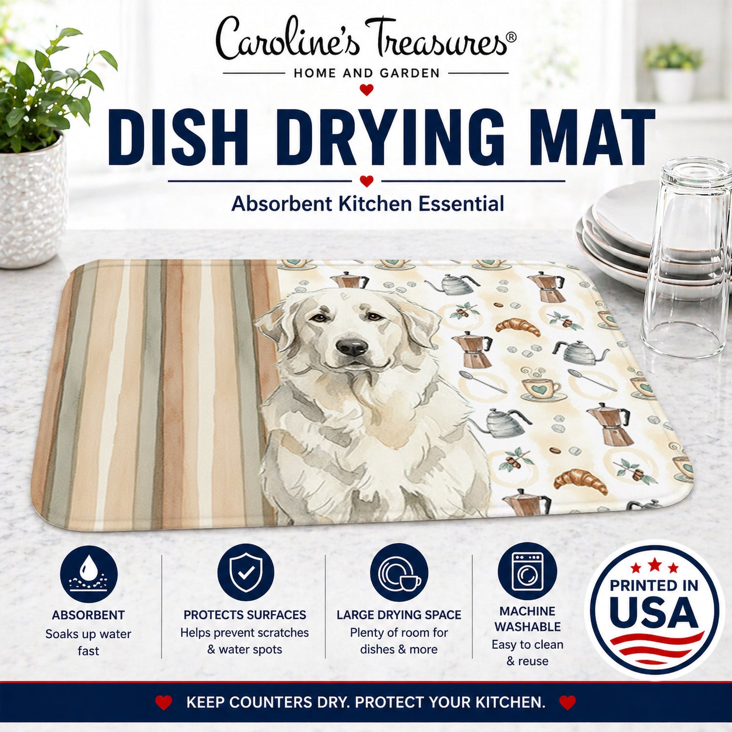 White Great Pyrenees Coffee Bar Dish Drying Mat Absorbent Dish Drying Mat Pad for Kitchen Counter Dish Drainer Mat for Countertop, 14 x 21", Multicolor