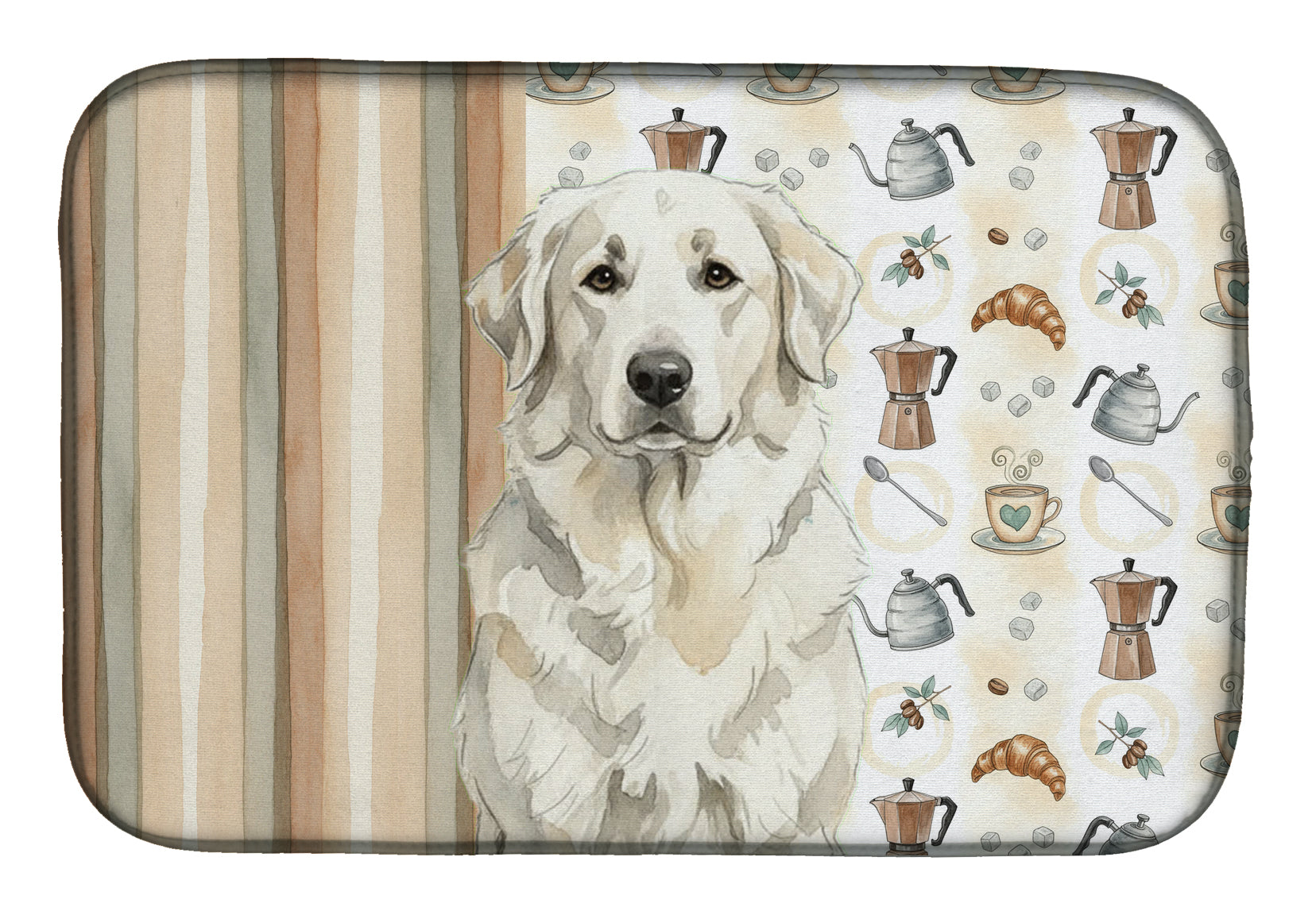 White Great Pyrenees Coffee Bar Dish Drying Mat Absorbent Dish Drying Mat Pad for Kitchen Counter Dish Drainer Mat for Countertop, 14 x 21", Multicolor
