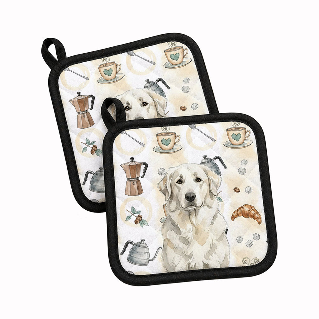 White Great Pyrenees Coffee Bar Pot Holder Set of 2 Heat Resistant Quilted Hot Pads 7.5 x 7.5 Inch, Insulated Kitchen Trivets for Cooking & Baking