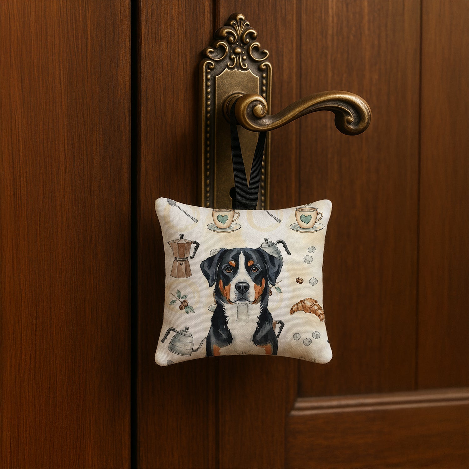 Greater Swiss Mountain Dog Coffee Bar Hanging Square Fabric Ornament 3.5 � 3.5 Decorative Door-Knob & Tree Hanger, Soft Fabric