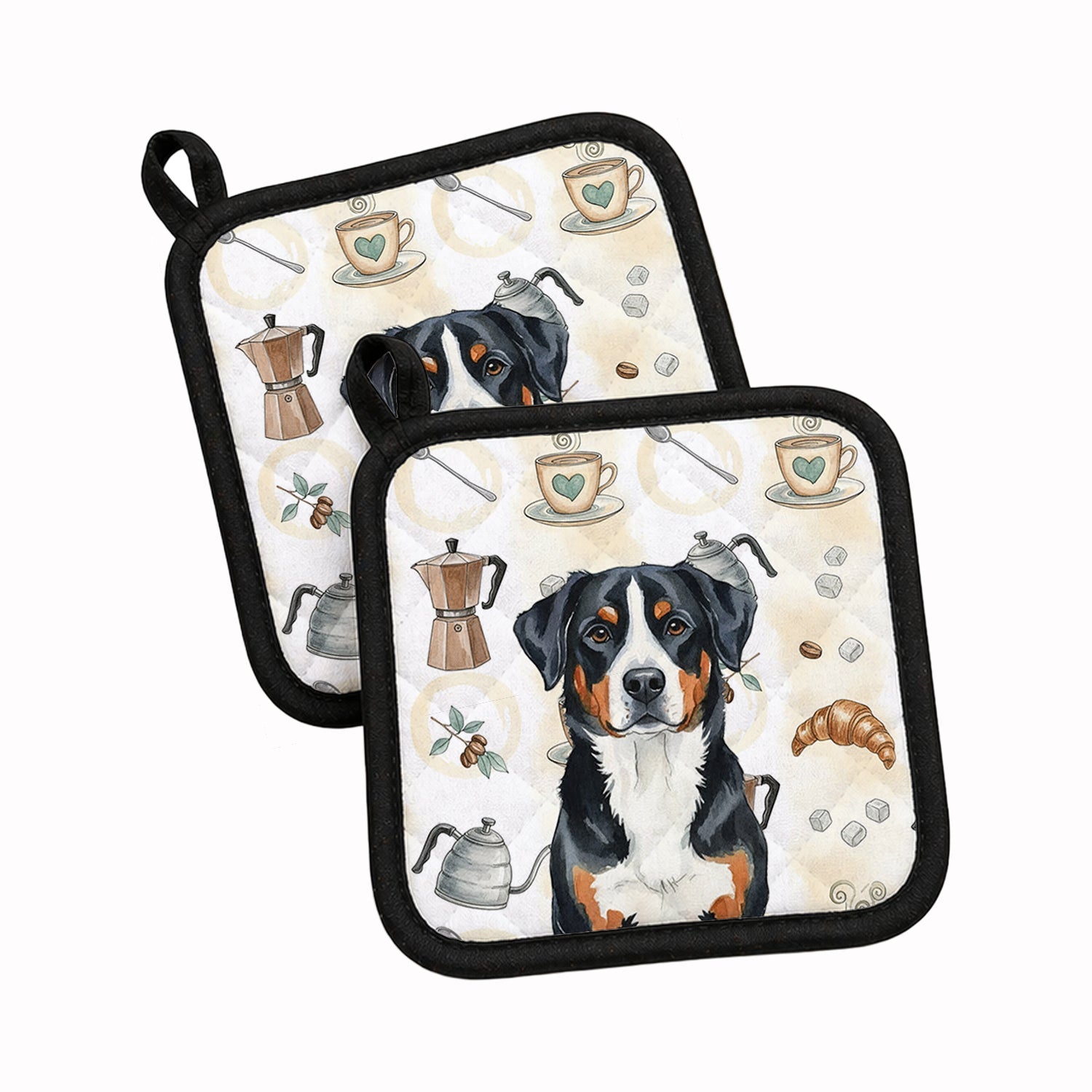 Greater Swiss Mountain Dog Coffee Bar Pot Holder Set of 2 Heat Resistant Quilted Hot Pads 7.5 x 7.5 Inch, Insulated Kitchen Trivets for Cooking & Baking