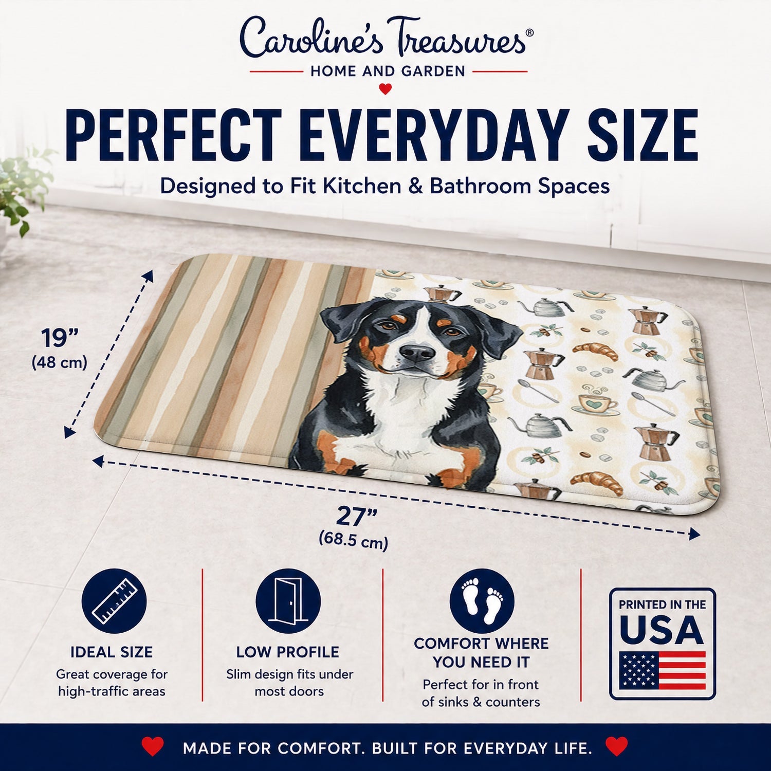 Greater Swiss Mountain Dog Coffee Bar Memory Foam Kitchen Mat Machine Washable Anti-Fatigue Cushion Comfort Bath or Kitchen Rug