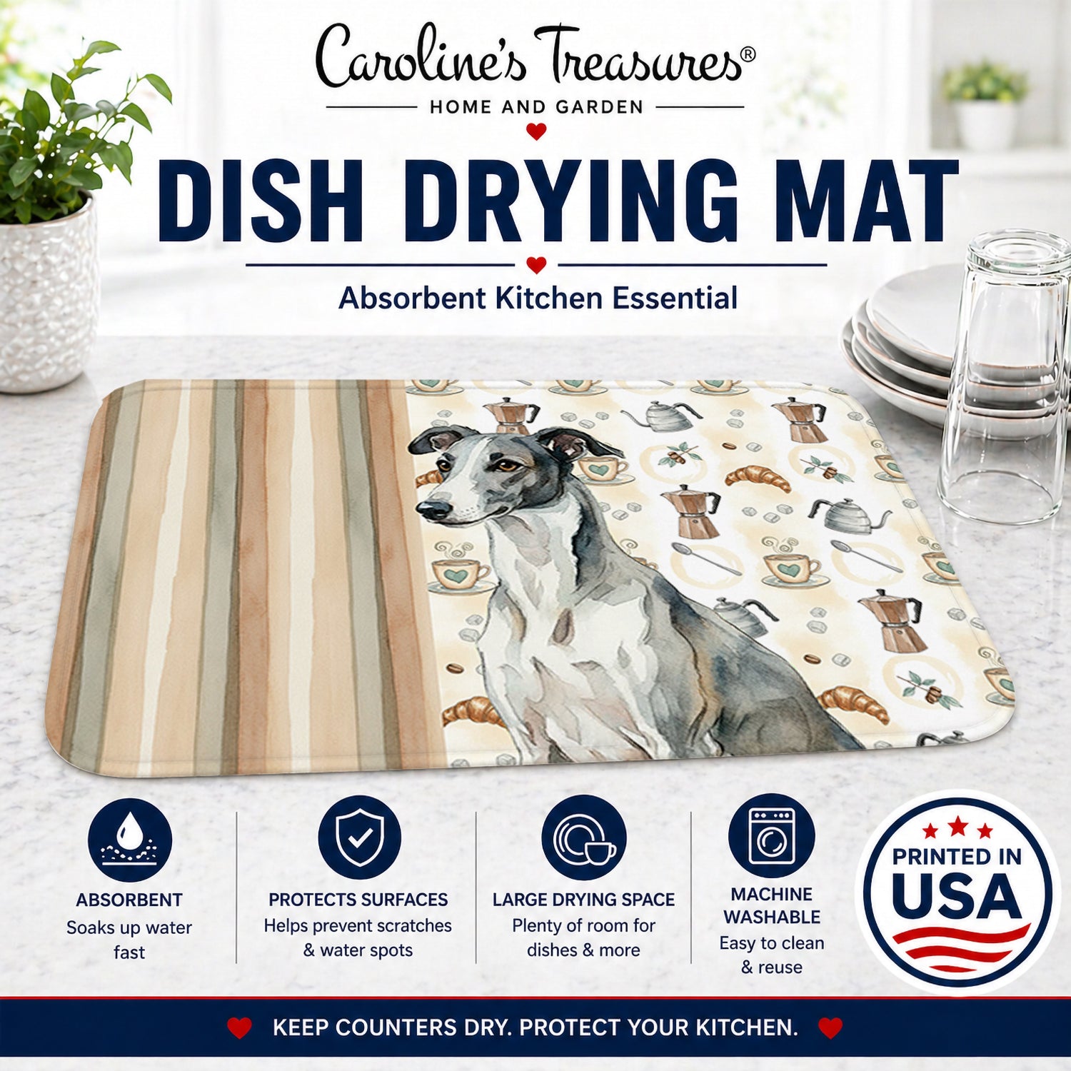 Black and White Greyhound Coffee Bar Dish Drying Mat Absorbent Dish Drying Mat Pad for Kitchen Counter Dish Drainer Mat for Countertop, 14 x 21", Multicolor