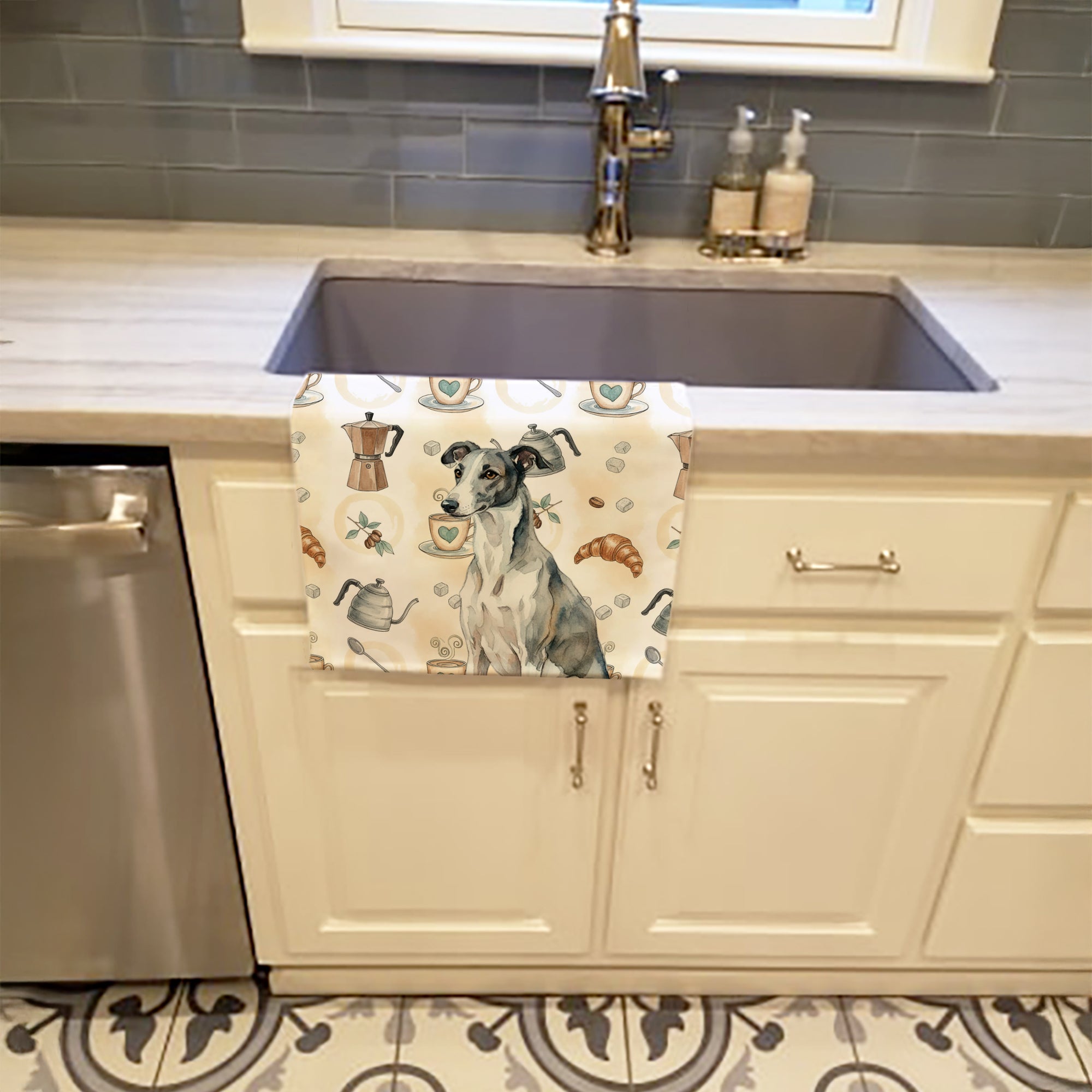 Black and White Greyhound Coffee Bar Kitchen Towel Velour Plush Front and Cotton Loop Back Machine Washable