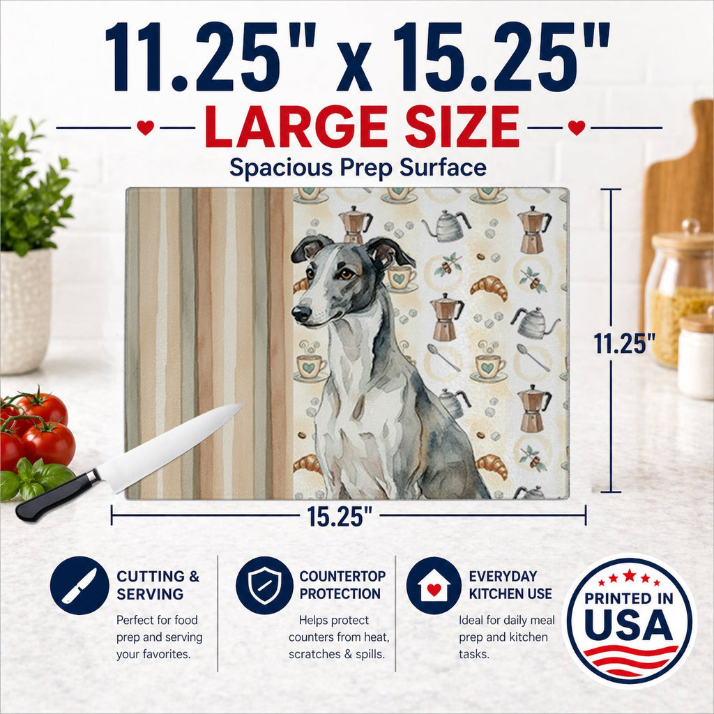 Black and White Greyhound Coffee Bar Cutting Board Tempered Glass Kitchen Cutting Surface, Heat Resistant Chopping, Non-Slip Feet, Food Prep & Serving