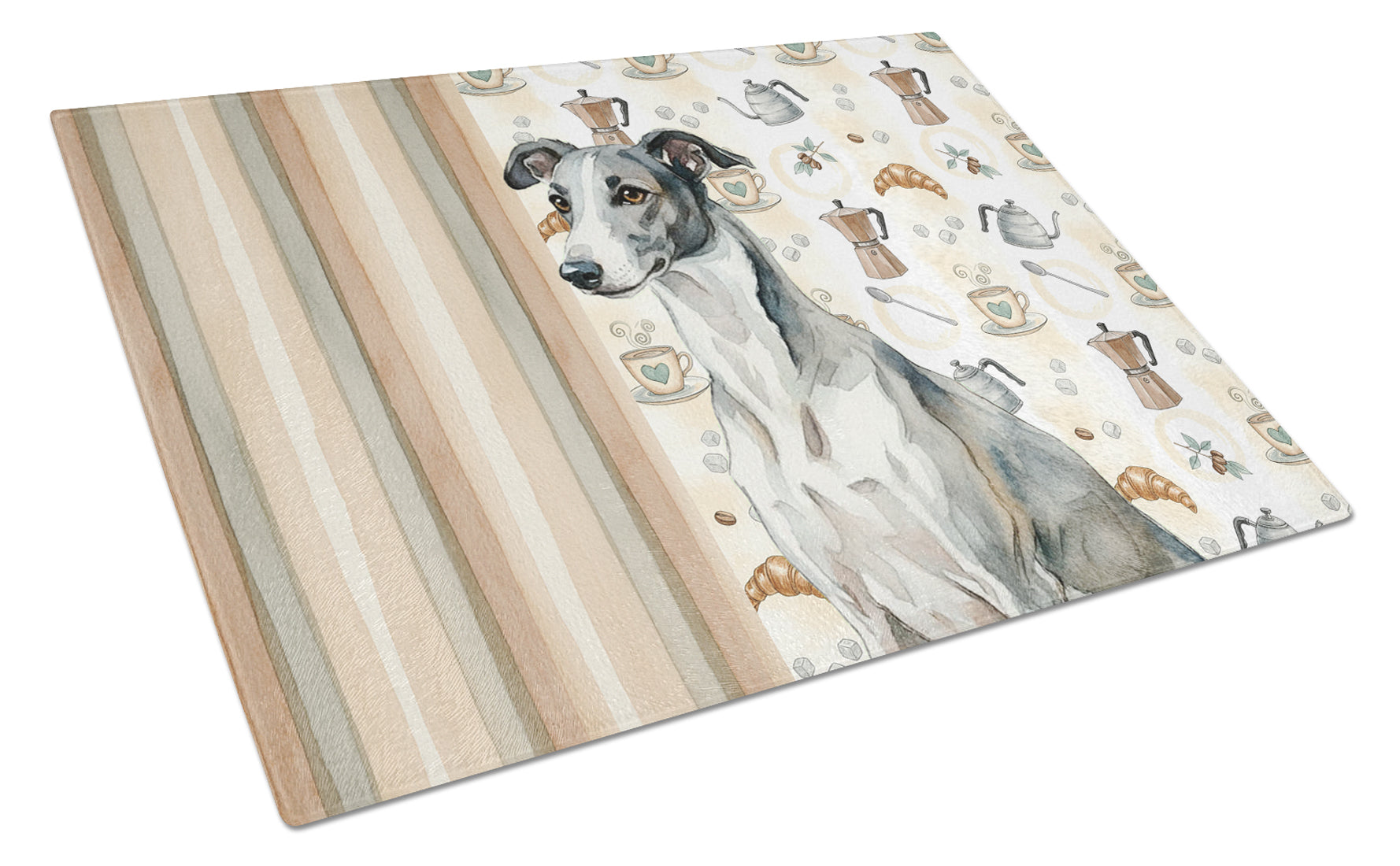 Black and White Greyhound Coffee Bar Cutting Board Tempered Glass Kitchen Cutting Surface, Heat Resistant Chopping, Non-Slip Feet, Food Prep & Serving