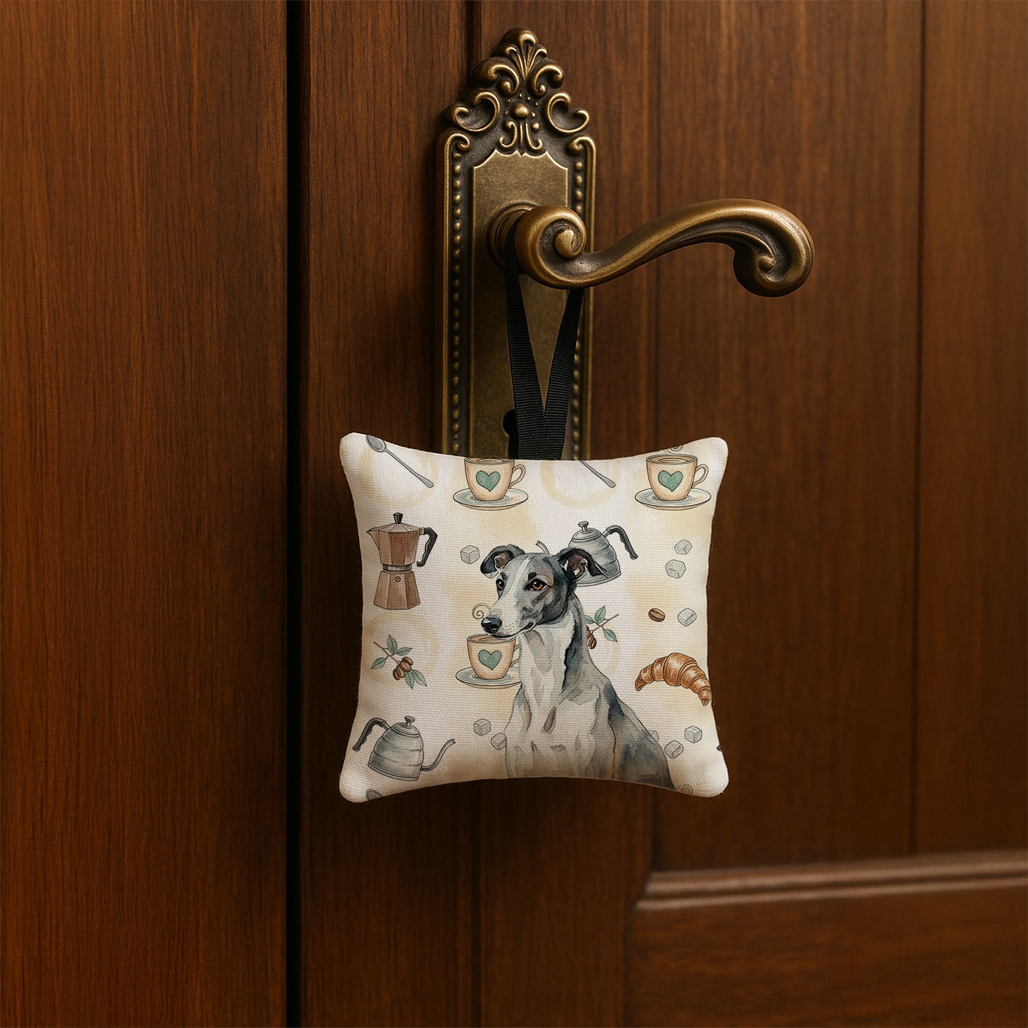 Black and White Greyhound Coffee Bar Hanging Square Fabric Ornament 3.5 � 3.5 Decorative Door-Knob & Tree Hanger, Soft Fabric