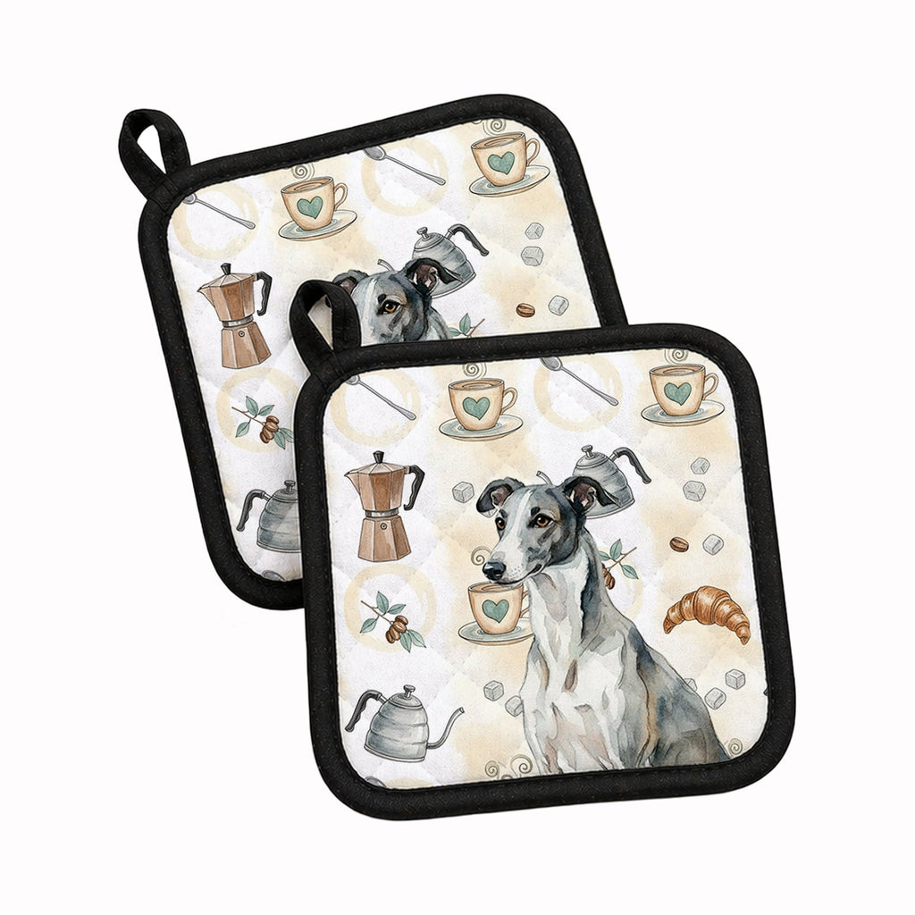 Black and White Greyhound Coffee Bar Pot Holder Set of 2 Heat Resistant Quilted Hot Pads 7.5 x 7.5 Inch, Insulated Kitchen Trivets for Cooking & Baking