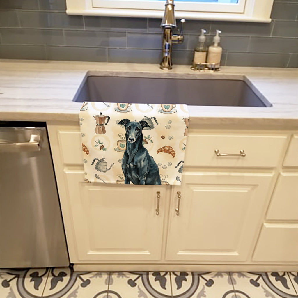 Black Greyhound Coffee Bar Kitchen Towel Velour Plush Front and Cotton Loop Back Machine Washable