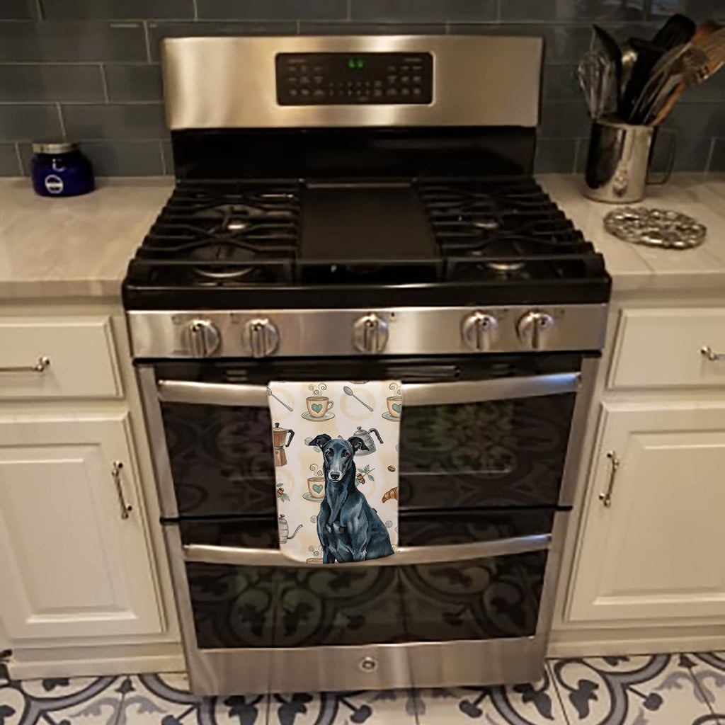 Black Greyhound Coffee Bar Kitchen Towel Velour Plush Front and Cotton Loop Back Machine Washable