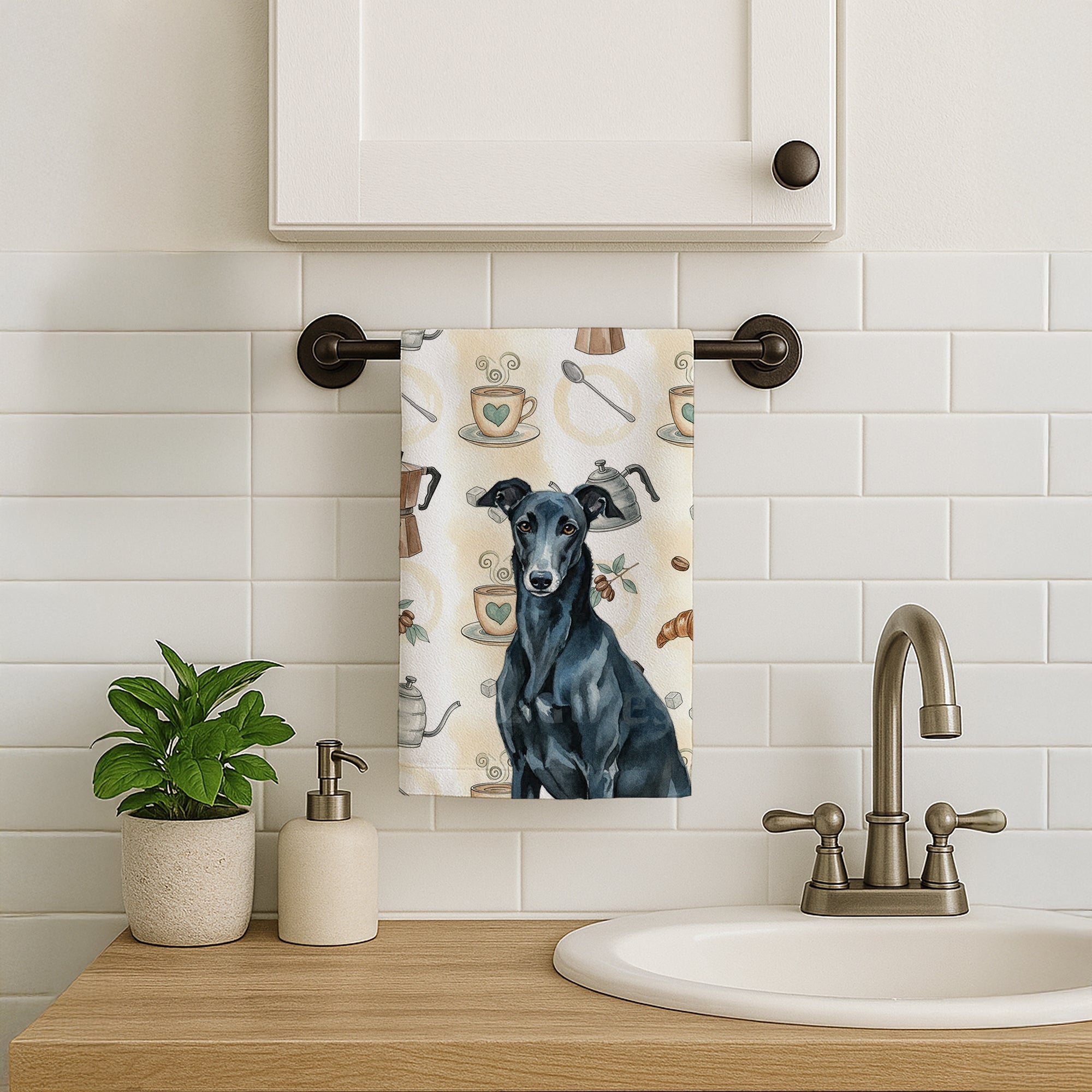 Black Greyhound Coffee Bar Kitchen Towel Velour Plush Front and Cotton Loop Back Machine Washable