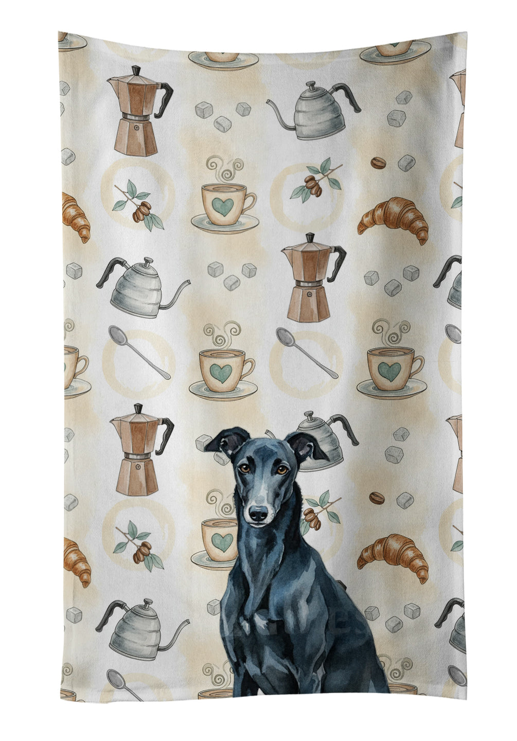 Black Greyhound Coffee Bar Kitchen Towel Velour Plush Front and Cotton Loop Back Machine Washable