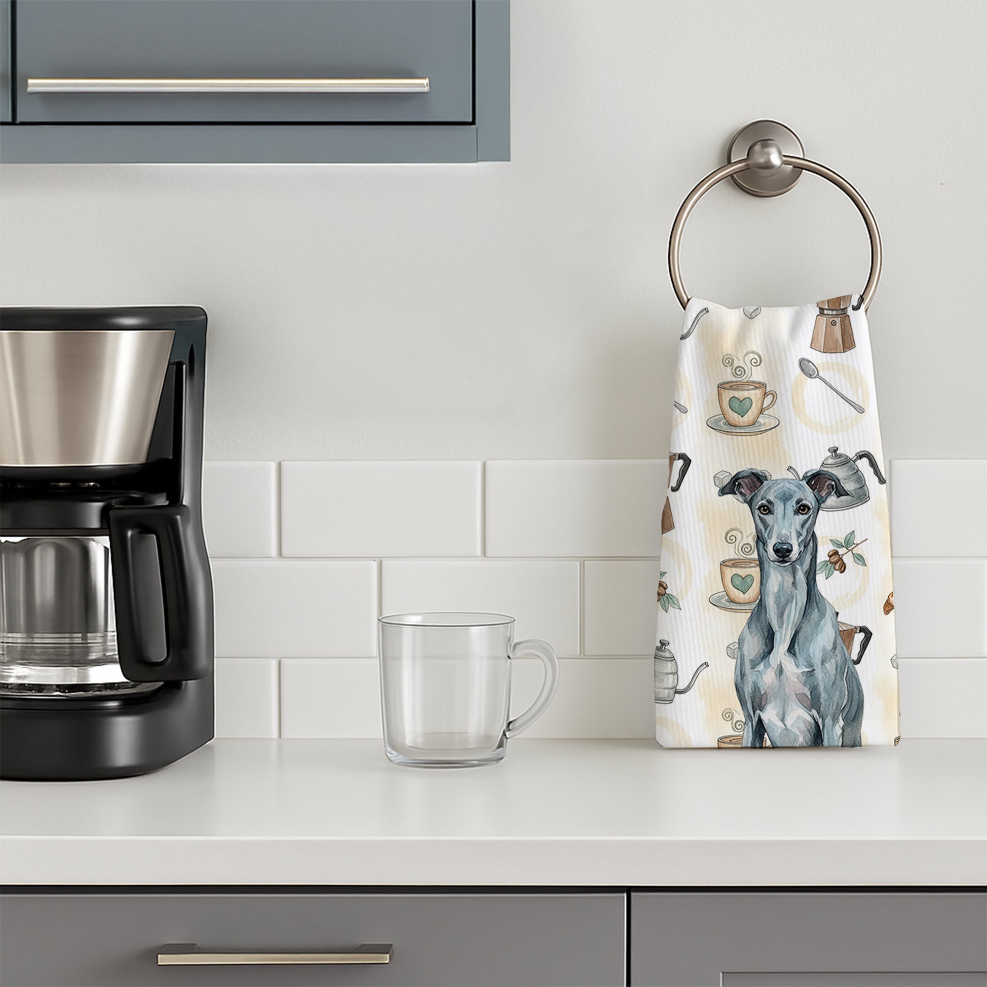 Blue Brindle Greyhound Coffee Bar Kitchen Towel Velour Plush Front and Cotton Loop Back Machine Washable