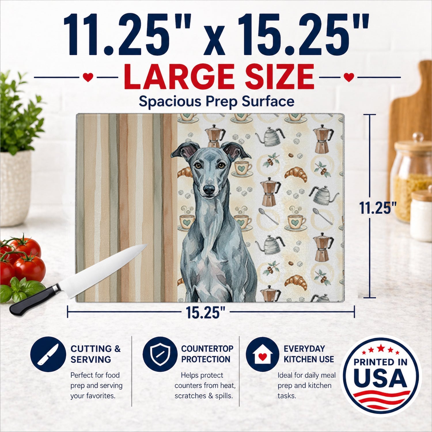 Blue Brindle Greyhound Coffee Bar Cutting Board Tempered Glass Kitchen Cutting Surface, Heat Resistant Chopping, Non-Slip Feet, Food Prep & Serving
