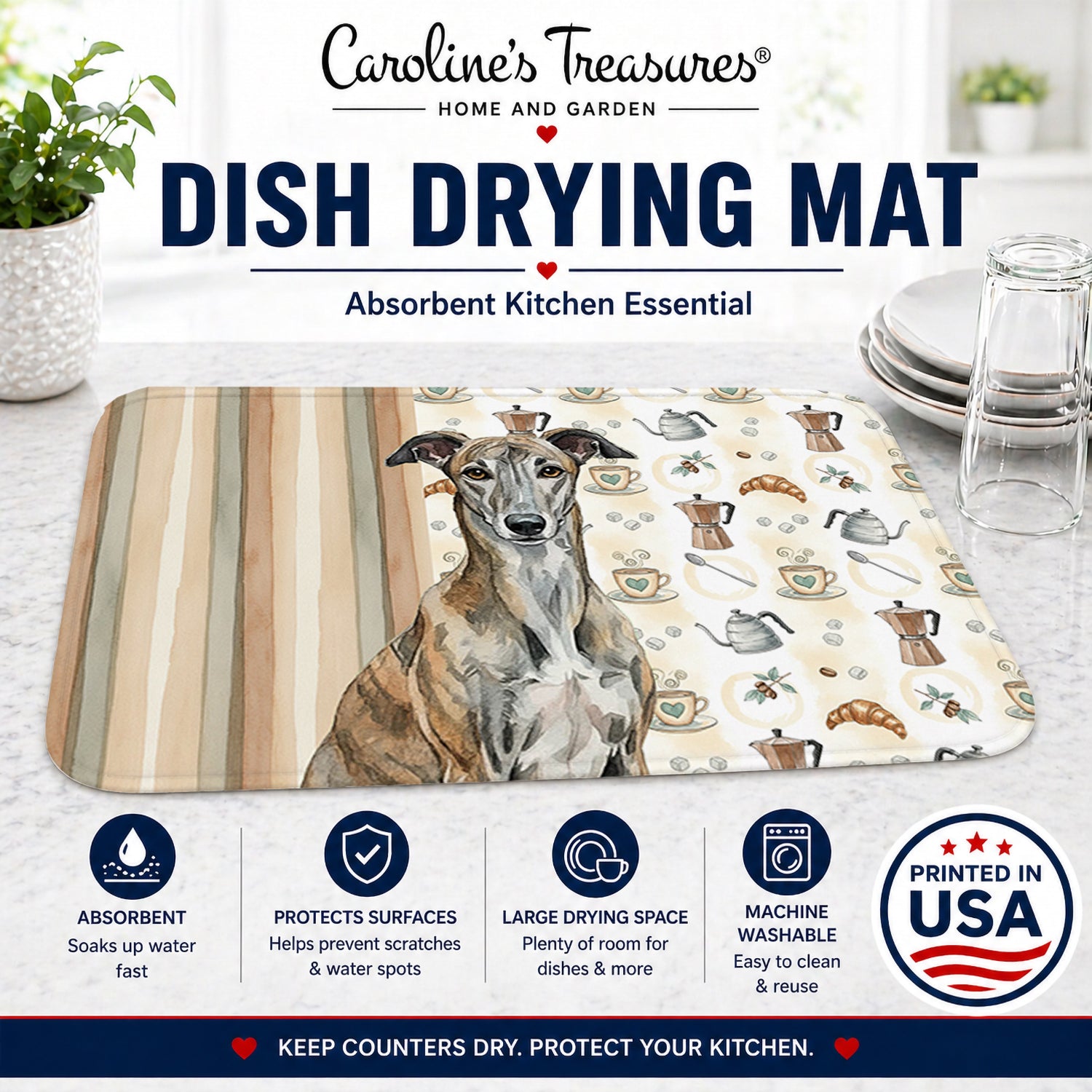 Brindle Greyhound Coffee Bar Dish Drying Mat Absorbent Dish Drying Mat Pad for Kitchen Counter Dish Drainer Mat for Countertop, 14 x 21", Multicolor