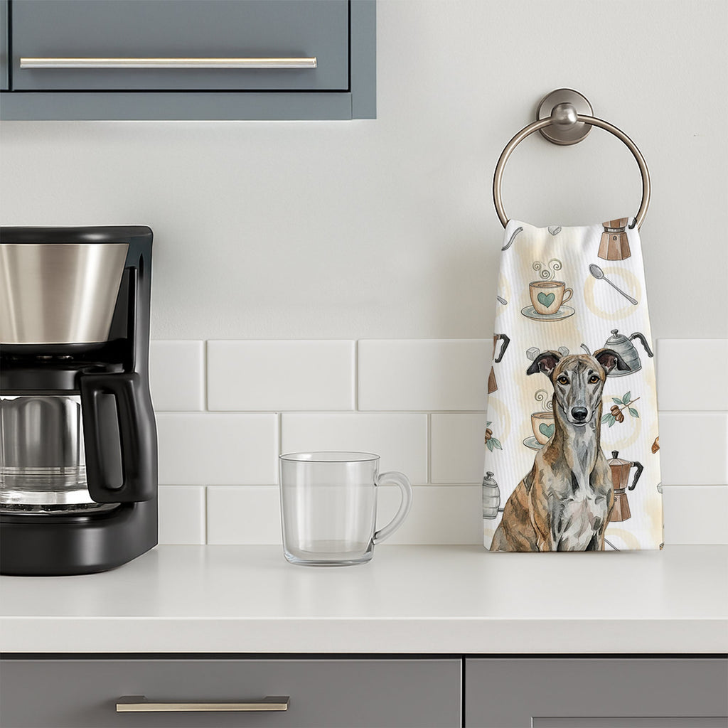 Brindle Greyhound Coffee Bar Kitchen Towel Velour Plush Front and Cotton Loop Back Machine Washable