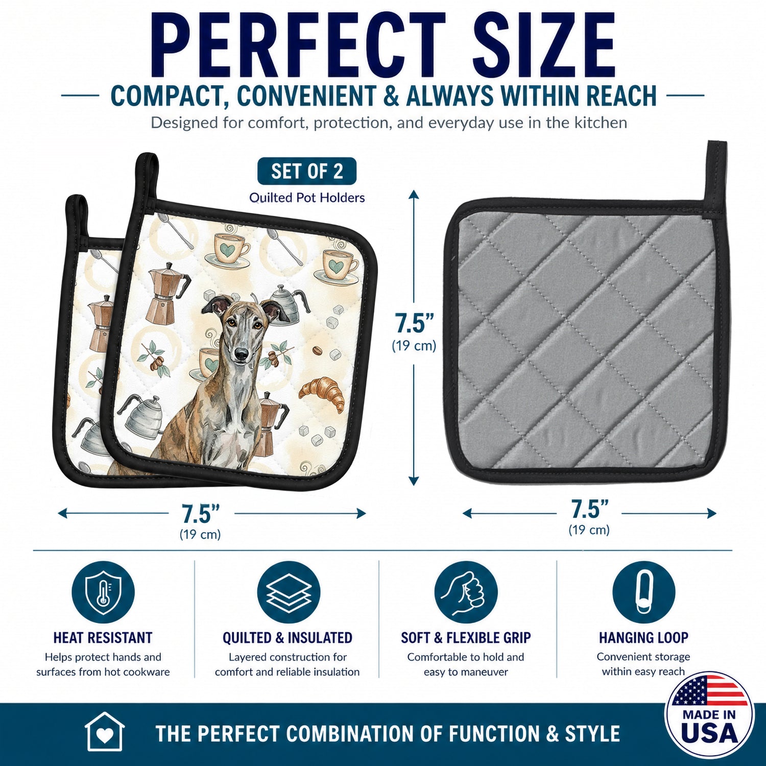 Brindle Greyhound Coffee Bar Pot Holder Set of 2 Heat Resistant Quilted Hot Pads 7.5 x 7.5 Inch, Insulated Kitchen Trivets for Cooking & Baking
