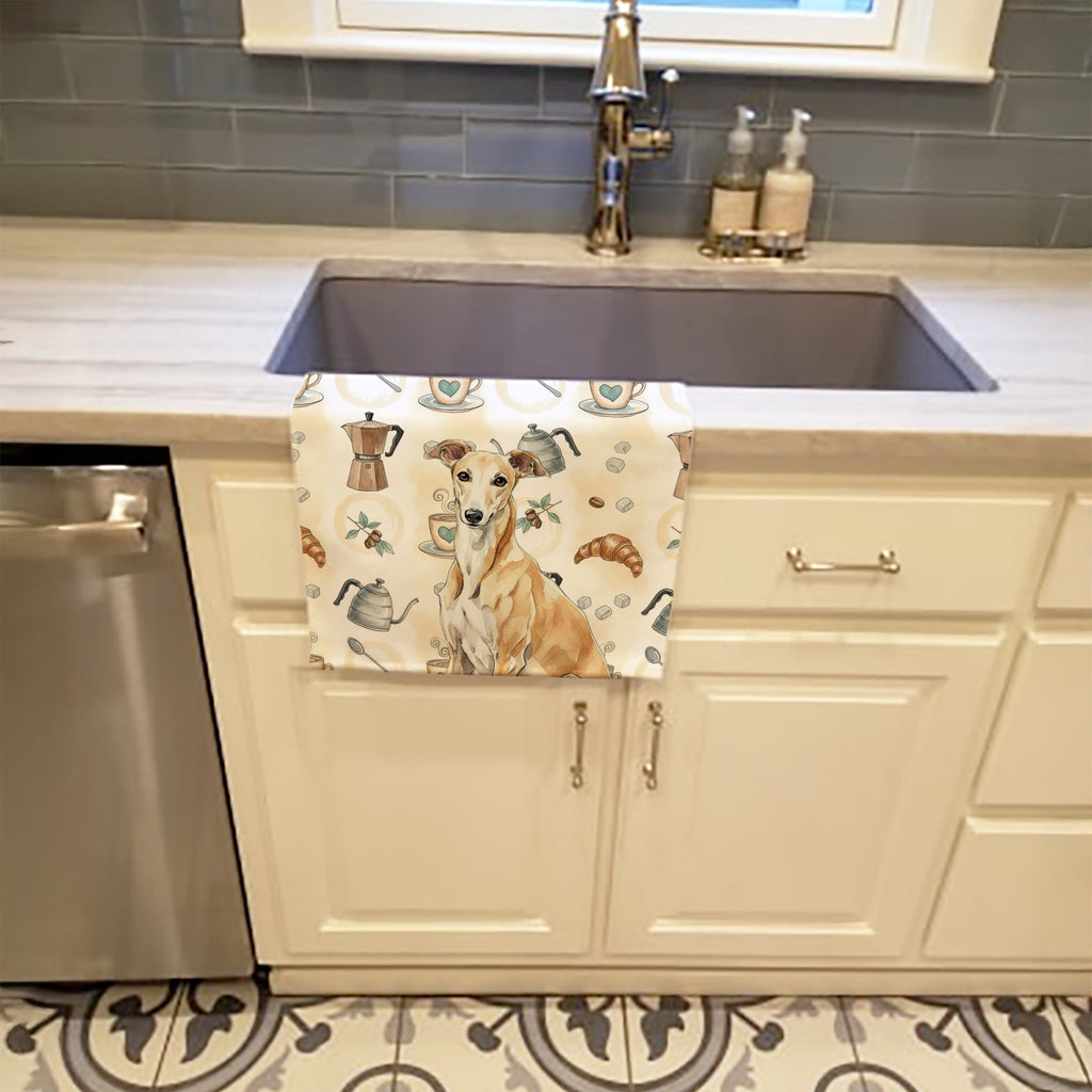 Fawn Greyhound Coffee Bar Kitchen Towel Velour Plush Front and Cotton Loop Back Machine Washable