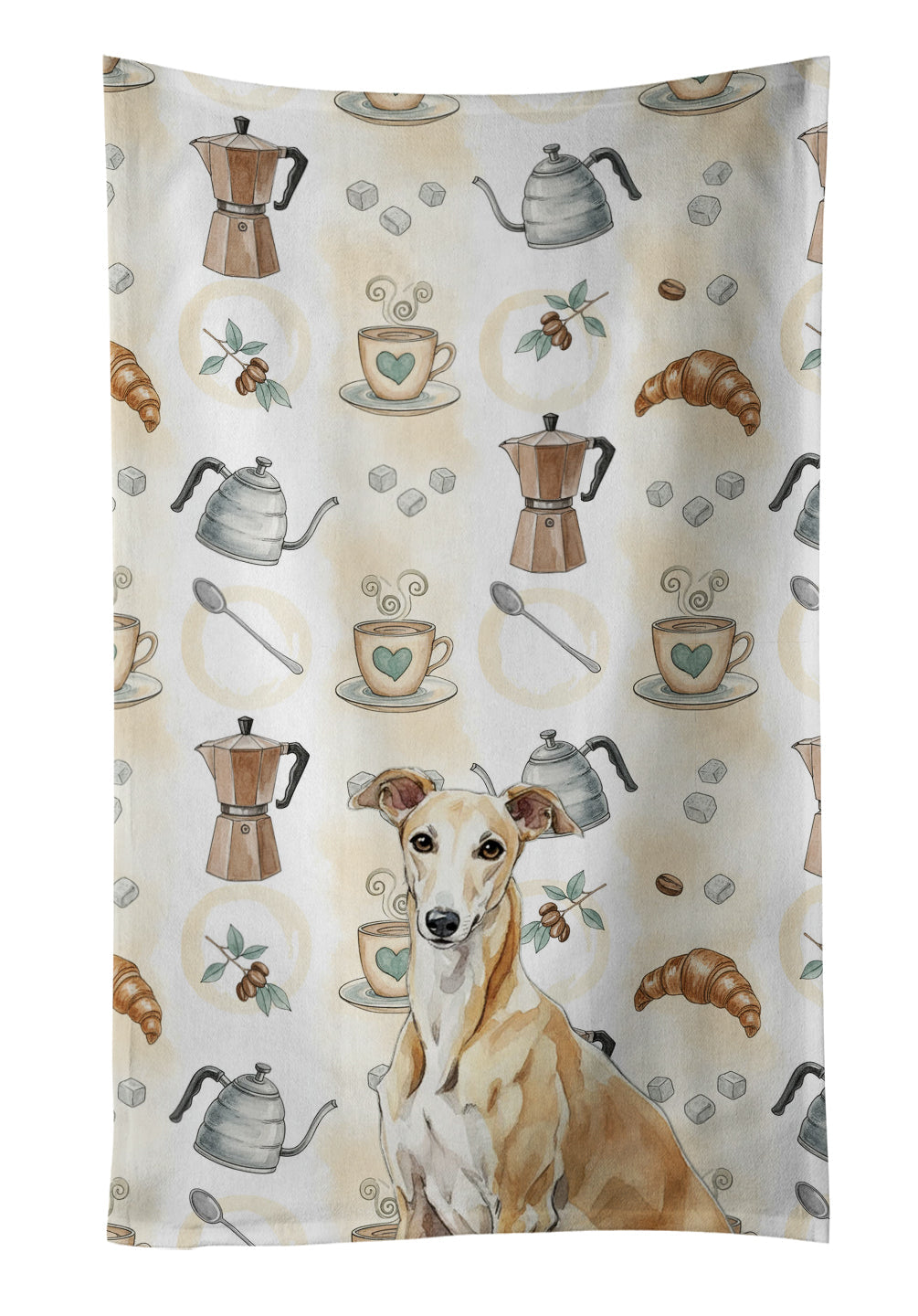 Fawn Greyhound Coffee Bar Kitchen Towel Velour Plush Front and Cotton Loop Back Machine Washable