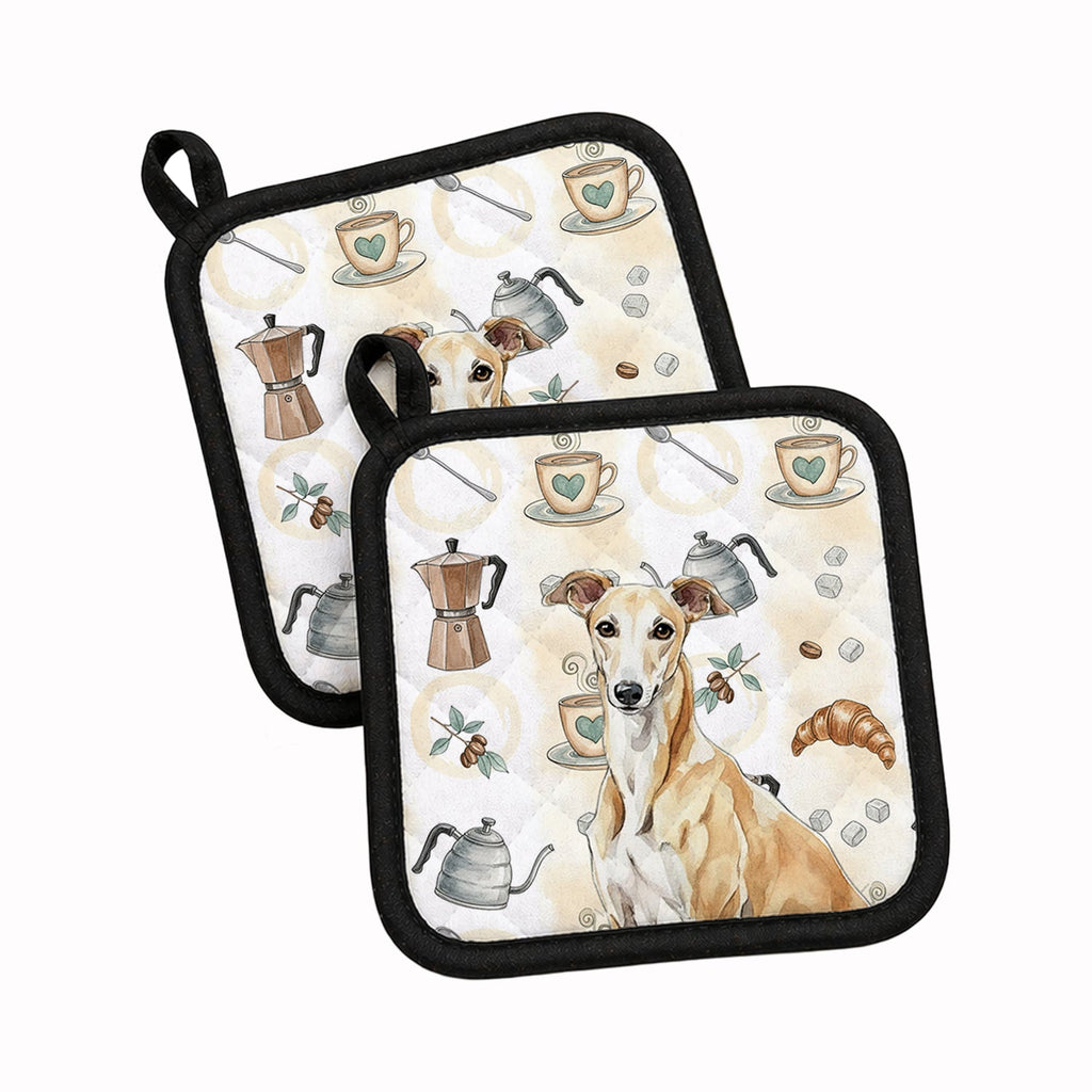 Fawn Greyhound Coffee Bar Pot Holder Set of 2 Heat Resistant Quilted Hot Pads 7.5 x 7.5 Inch, Insulated Kitchen Trivets for Cooking & Baking