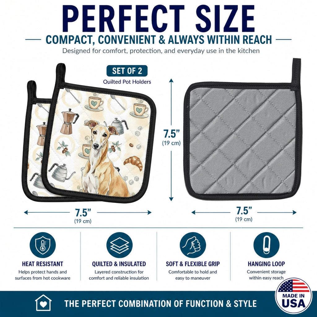 Fawn Greyhound Coffee Bar Pot Holder Set of 2 Heat Resistant Quilted Hot Pads 7.5 x 7.5 Inch, Insulated Kitchen Trivets for Cooking & Baking