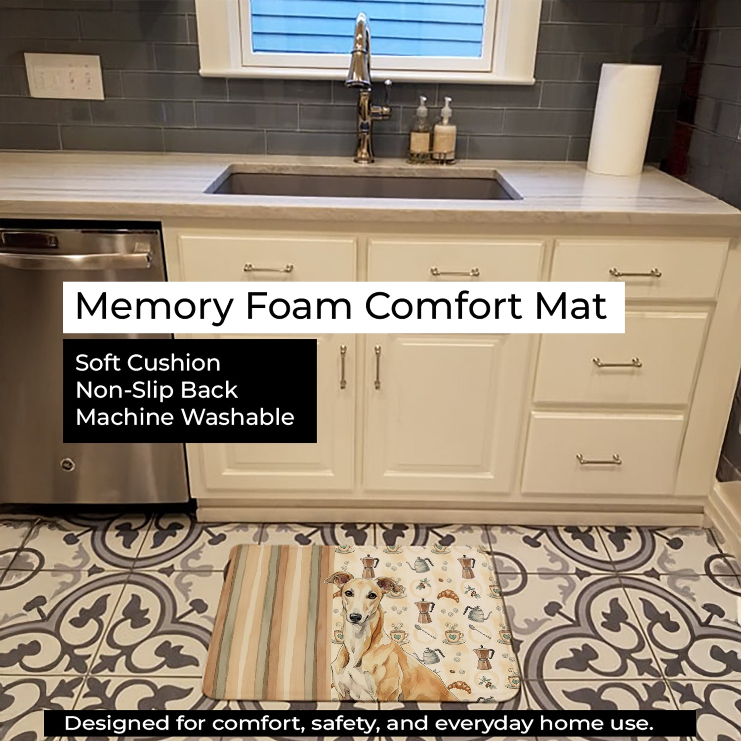 Fawn Greyhound Coffee Bar Memory Foam Kitchen Mat Machine Washable Anti-Fatigue Cushion Comfort Bath or Kitchen Rug