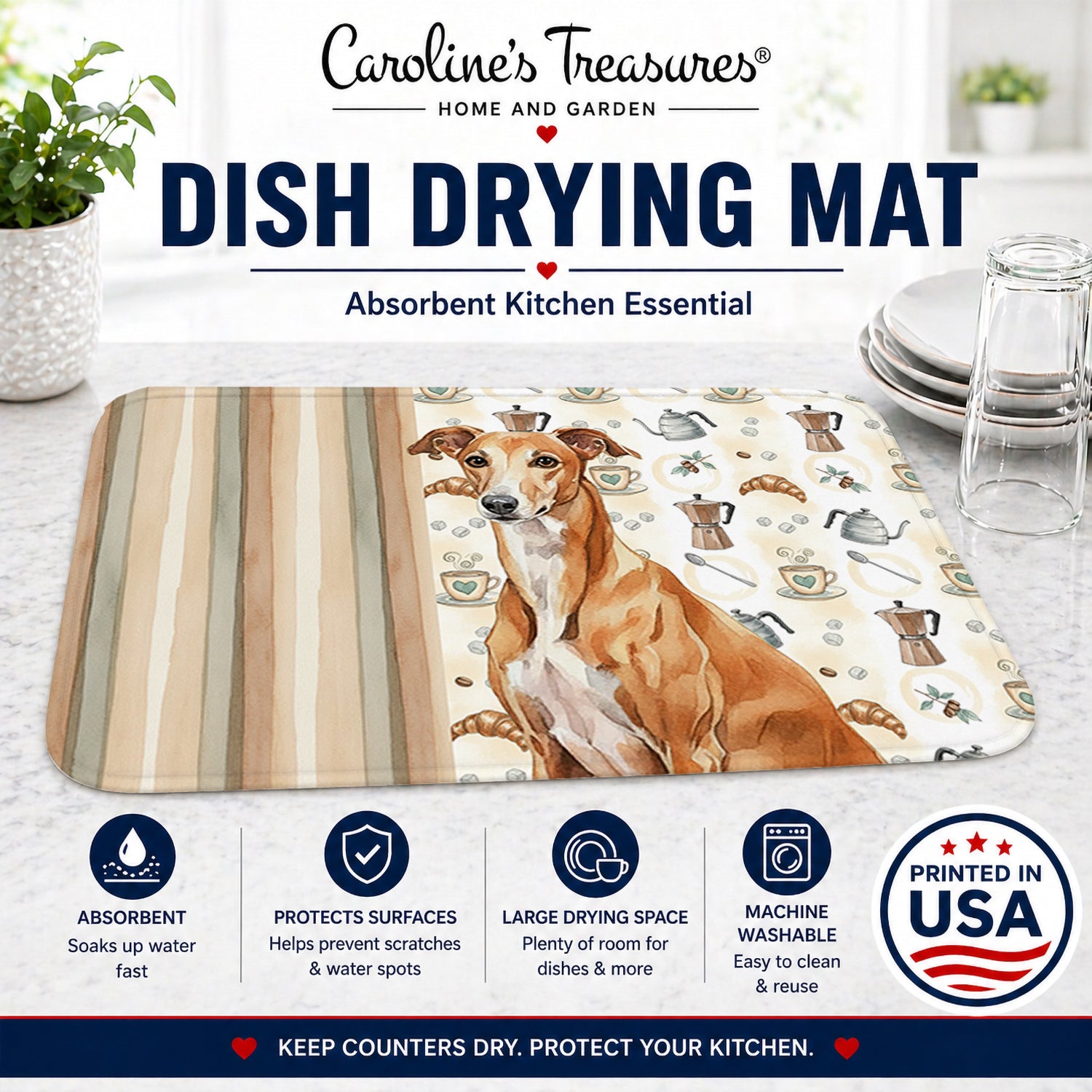 Red Greyhound Coffee Bar Dish Drying Mat Absorbent Dish Drying Mat Pad for Kitchen Counter Dish Drainer Mat for Countertop, 14 x 21", Multicolor