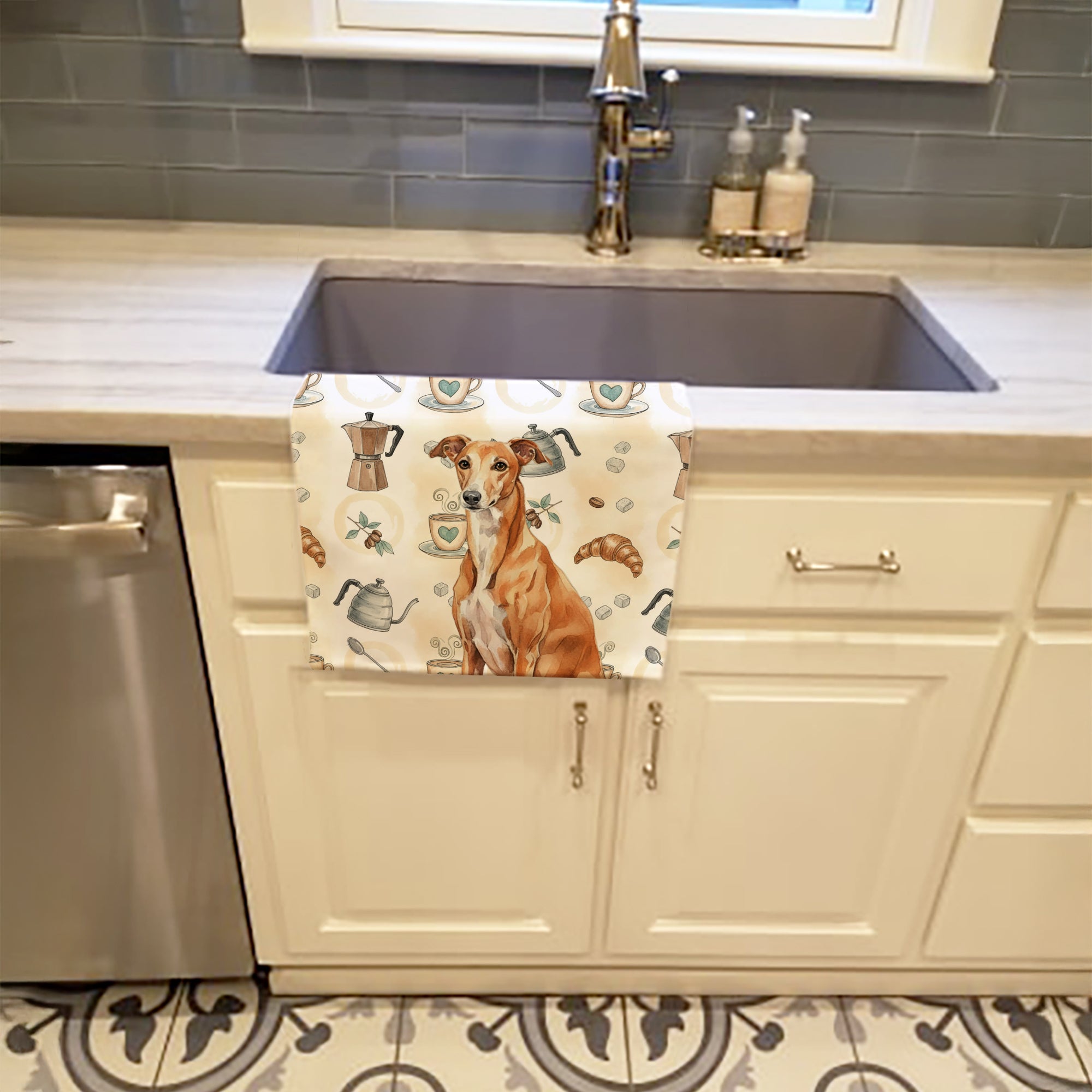 Red Greyhound Coffee Bar Kitchen Towel Velour Plush Front and Cotton Loop Back Machine Washable