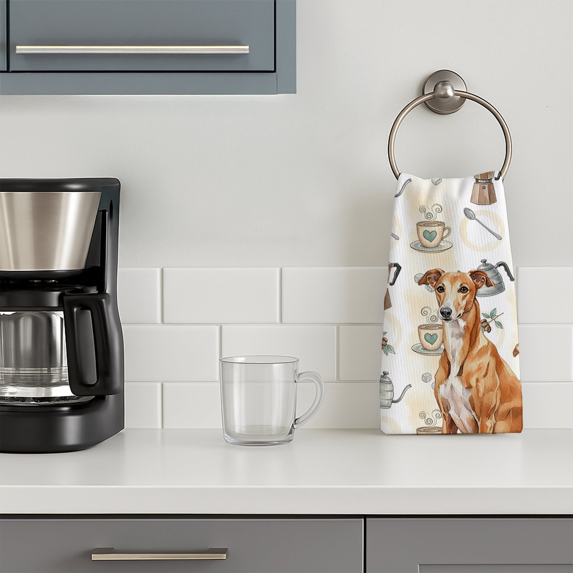 Red Greyhound Coffee Bar Kitchen Towel Velour Plush Front and Cotton Loop Back Machine Washable