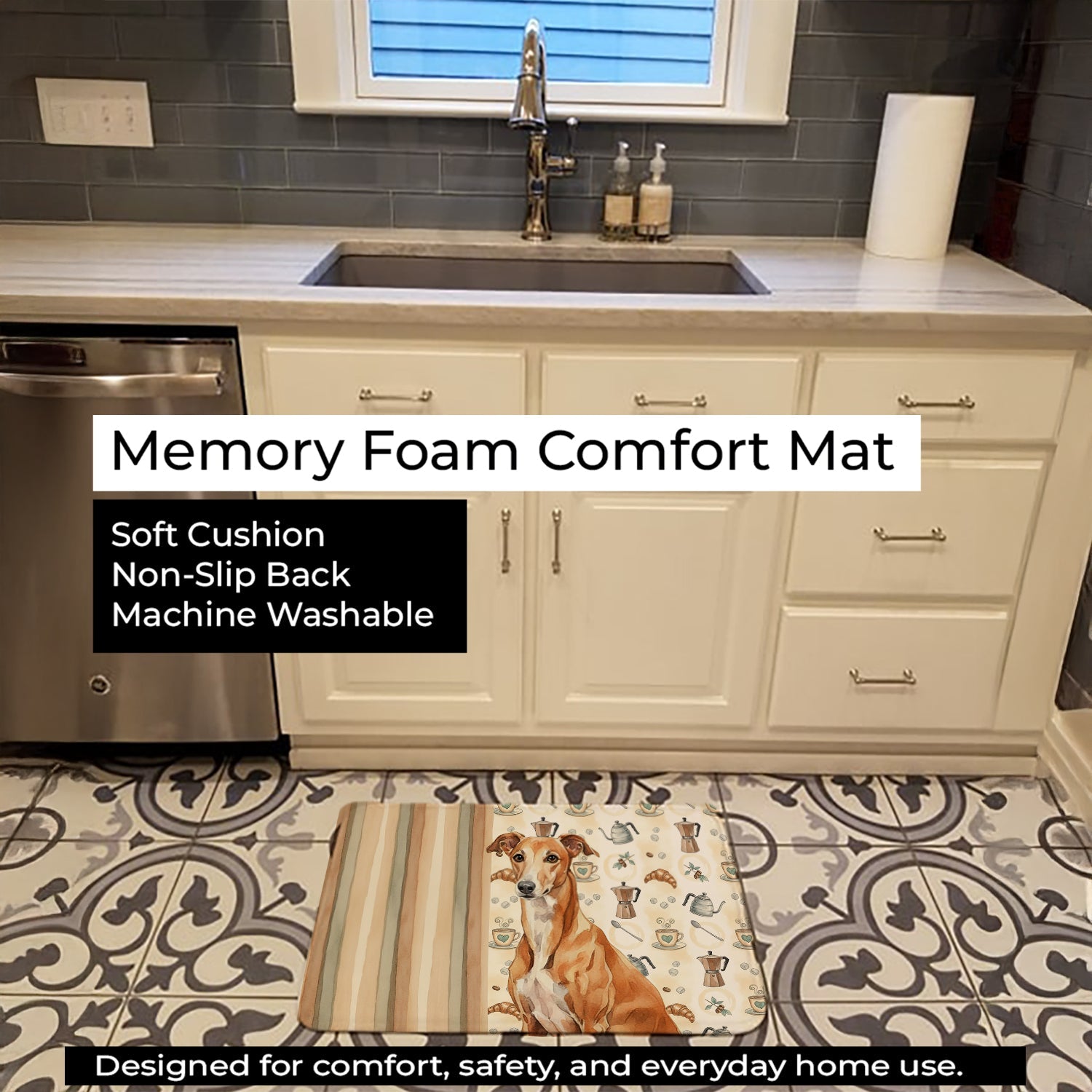 Red Greyhound Coffee Bar Memory Foam Kitchen Mat Machine Washable Anti-Fatigue Cushion Comfort Bath or Kitchen Rug