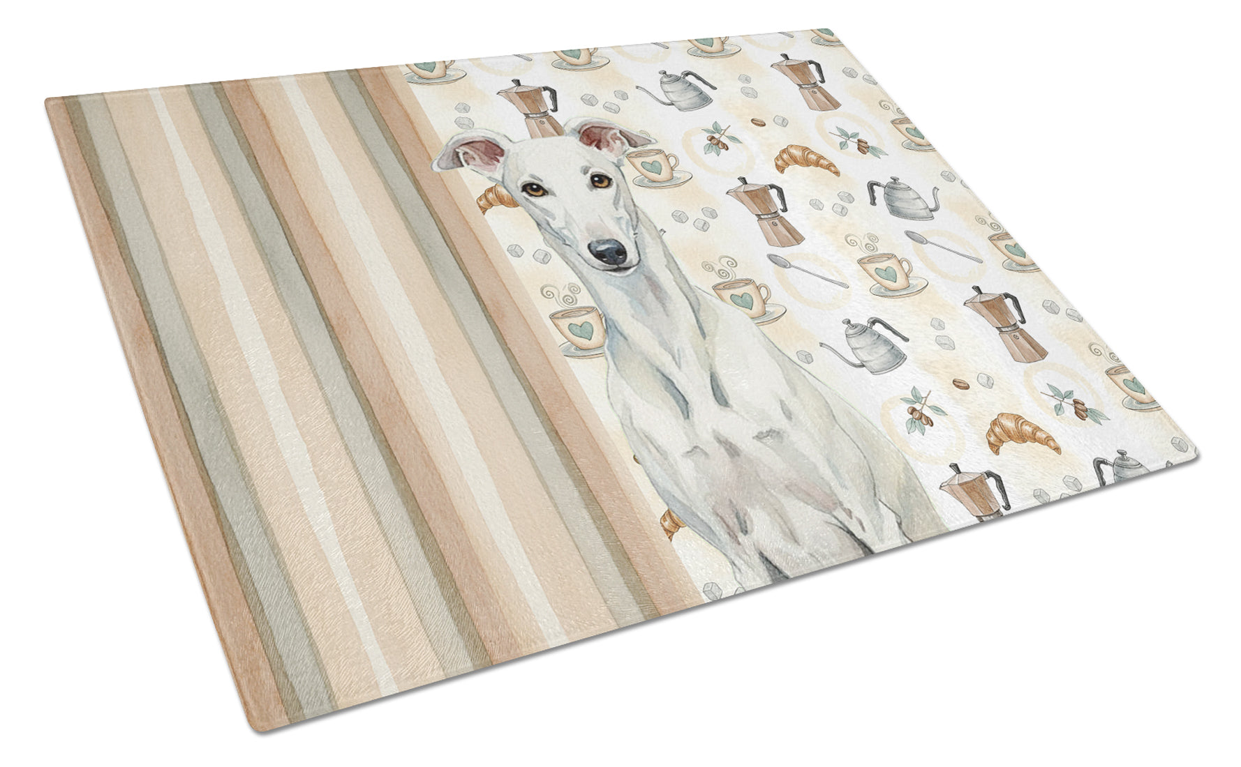 White Greyhound Coffee Bar Cutting Board Tempered Glass Kitchen Cutting Surface, Heat Resistant Chopping, Non-Slip Feet, Food Prep & Serving
