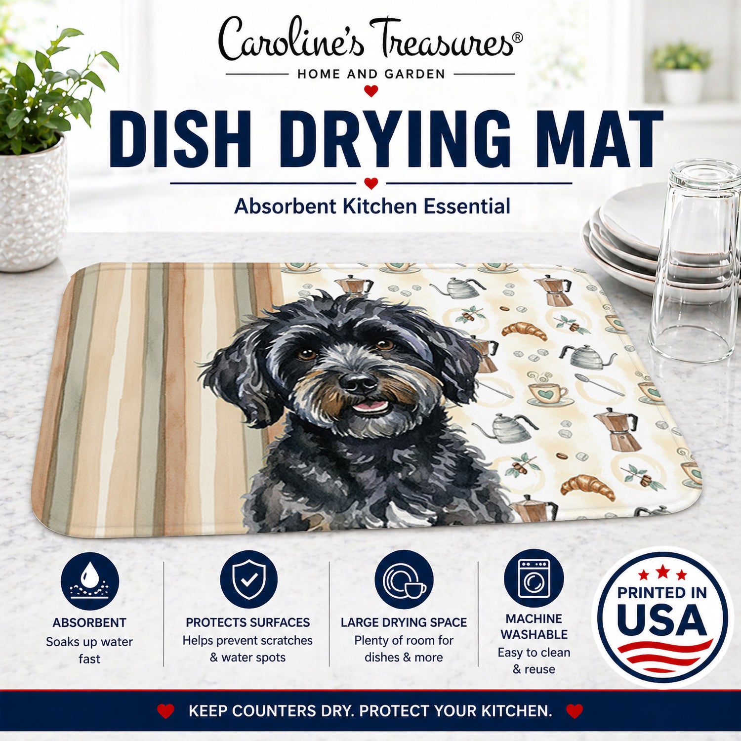 Black Havanese Coffee Bar Dish Drying Mat Absorbent Dish Drying Mat Pad for Kitchen Counter Dish Drainer Mat for Countertop, 14 x 21", Multicolor