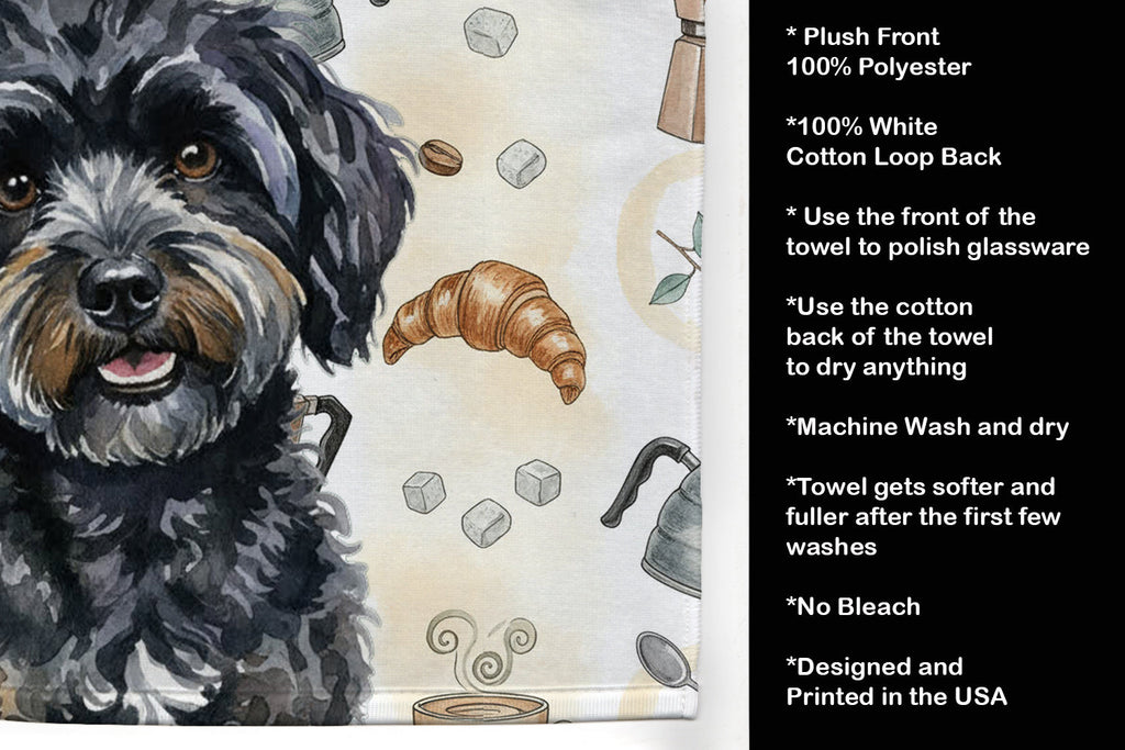 Black Havanese Coffee Bar Kitchen Towel Velour Plush Front and Cotton Loop Back Machine Washable