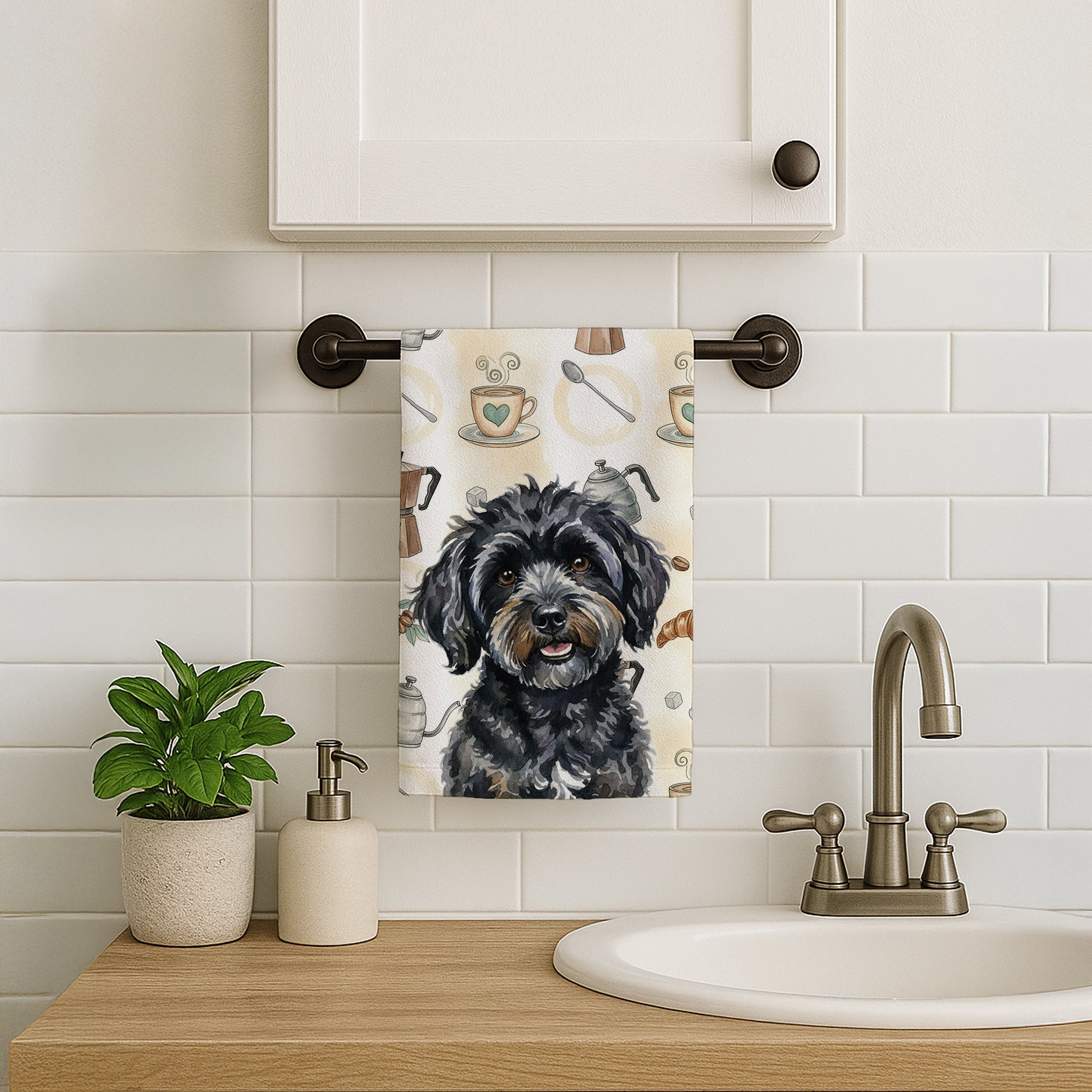 Black Havanese Coffee Bar Kitchen Towel Velour Plush Front and Cotton Loop Back Machine Washable