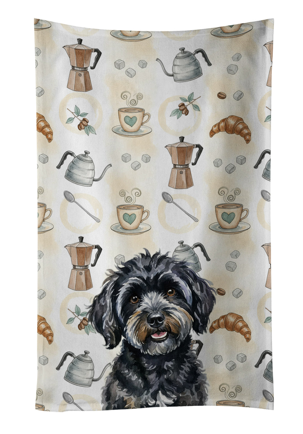 Black Havanese Coffee Bar Kitchen Towel Velour Plush Front and Cotton Loop Back Machine Washable