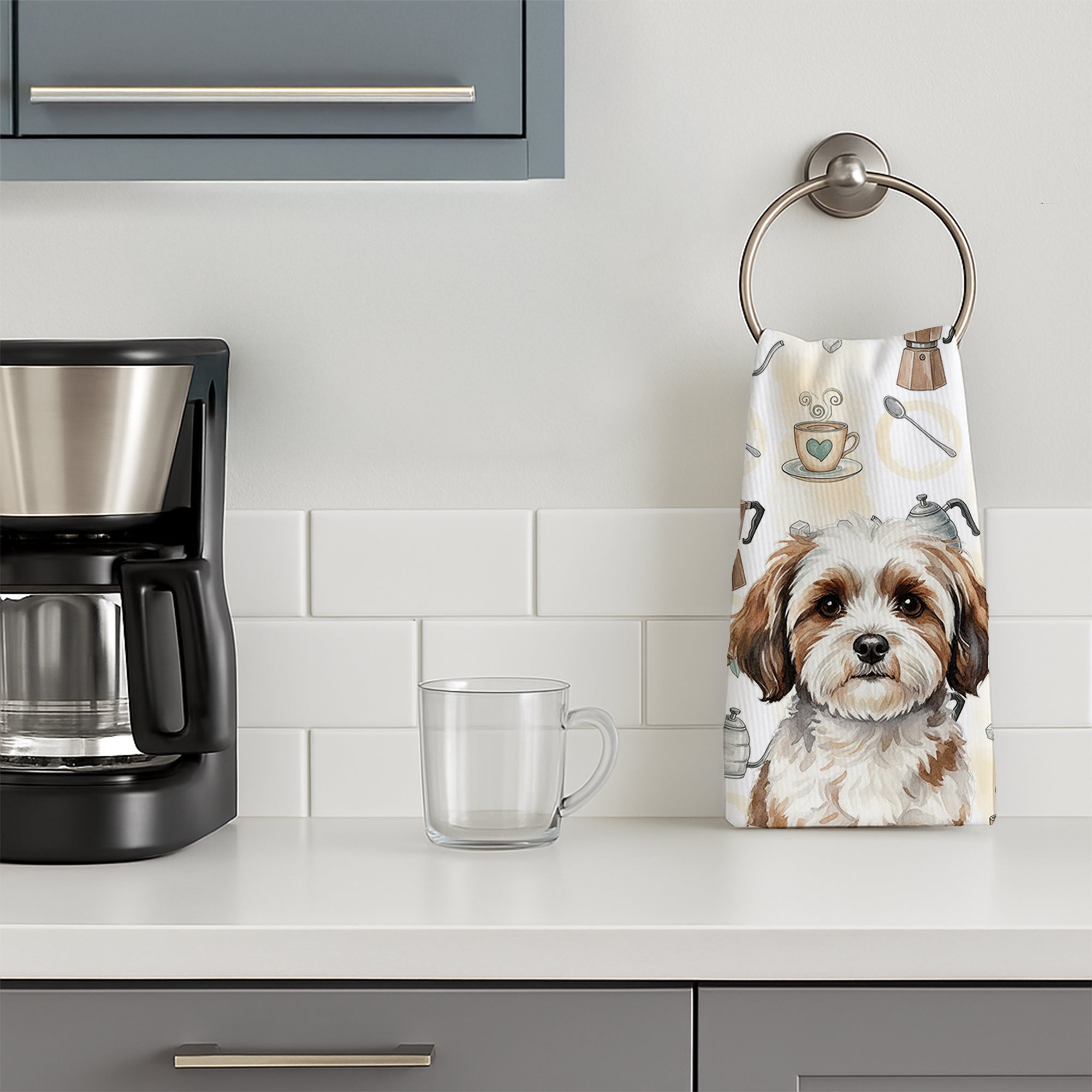 Parti-color Havanese Coffee Bar Kitchen Towel Velour Plush Front and Cotton Loop Back Machine Washable