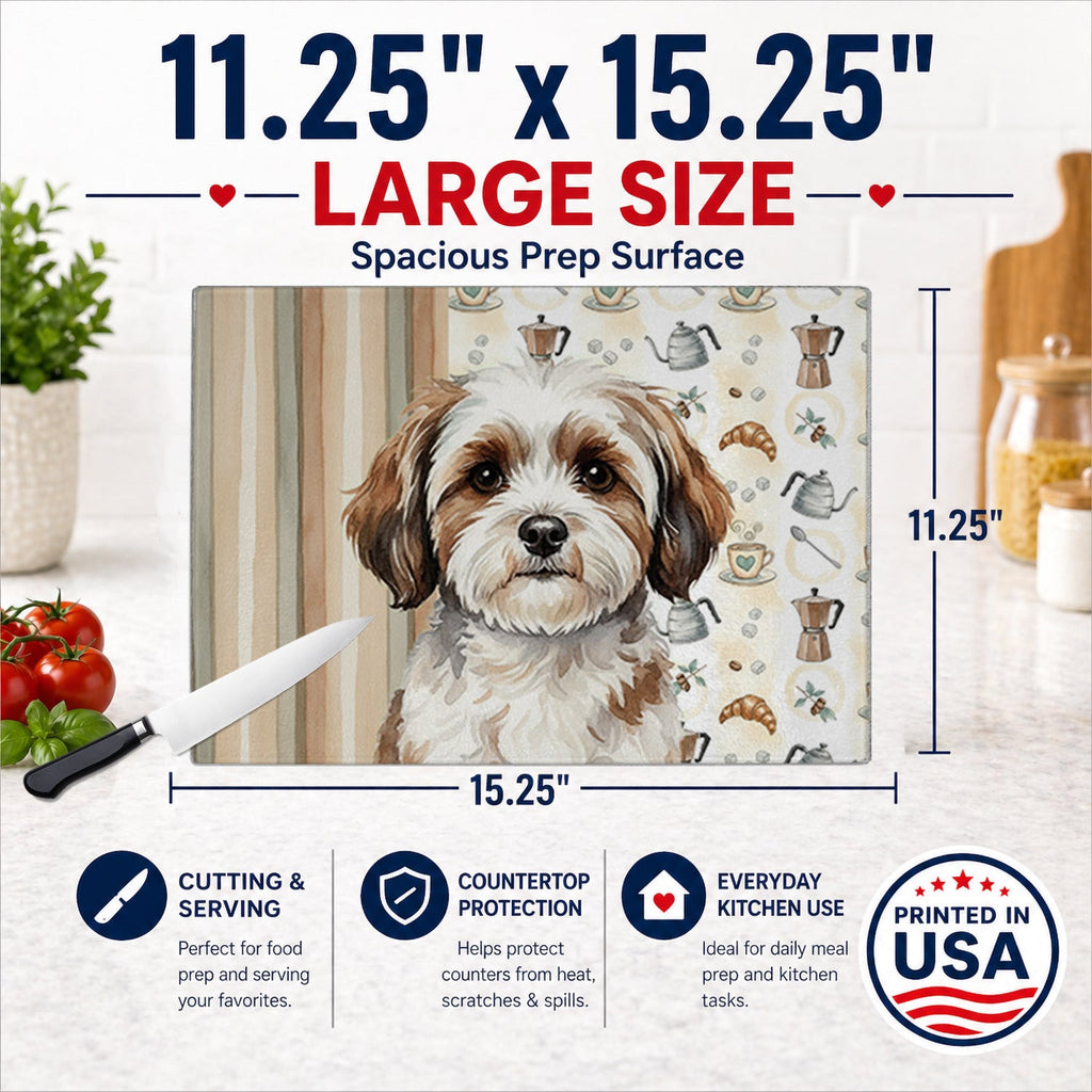 Parti-color Havanese Coffee Bar Cutting Board Tempered Glass Kitchen Cutting Surface, Heat Resistant Chopping, Non-Slip Feet, Food Prep & Serving