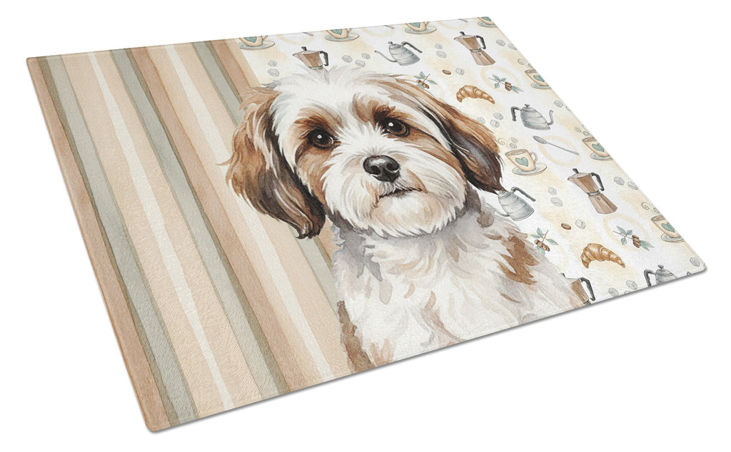 Parti-color Havanese Coffee Bar Cutting Board Tempered Glass Kitchen Cutting Surface, Heat Resistant Chopping, Non-Slip Feet, Food Prep & Serving