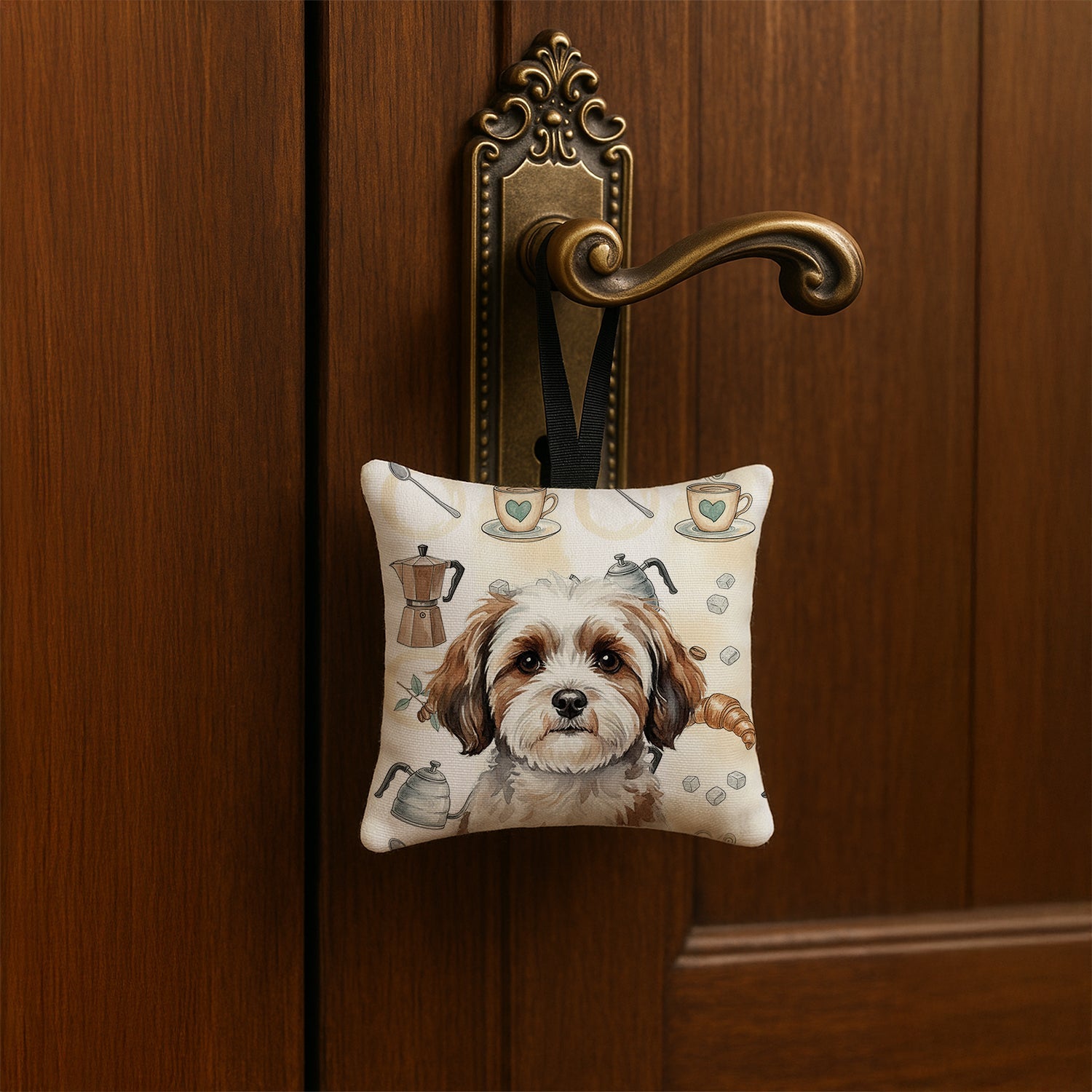 Parti-color Havanese Coffee Bar Hanging Square Fabric Ornament 3.5 � 3.5 Decorative Door-Knob & Tree Hanger, Soft Fabric